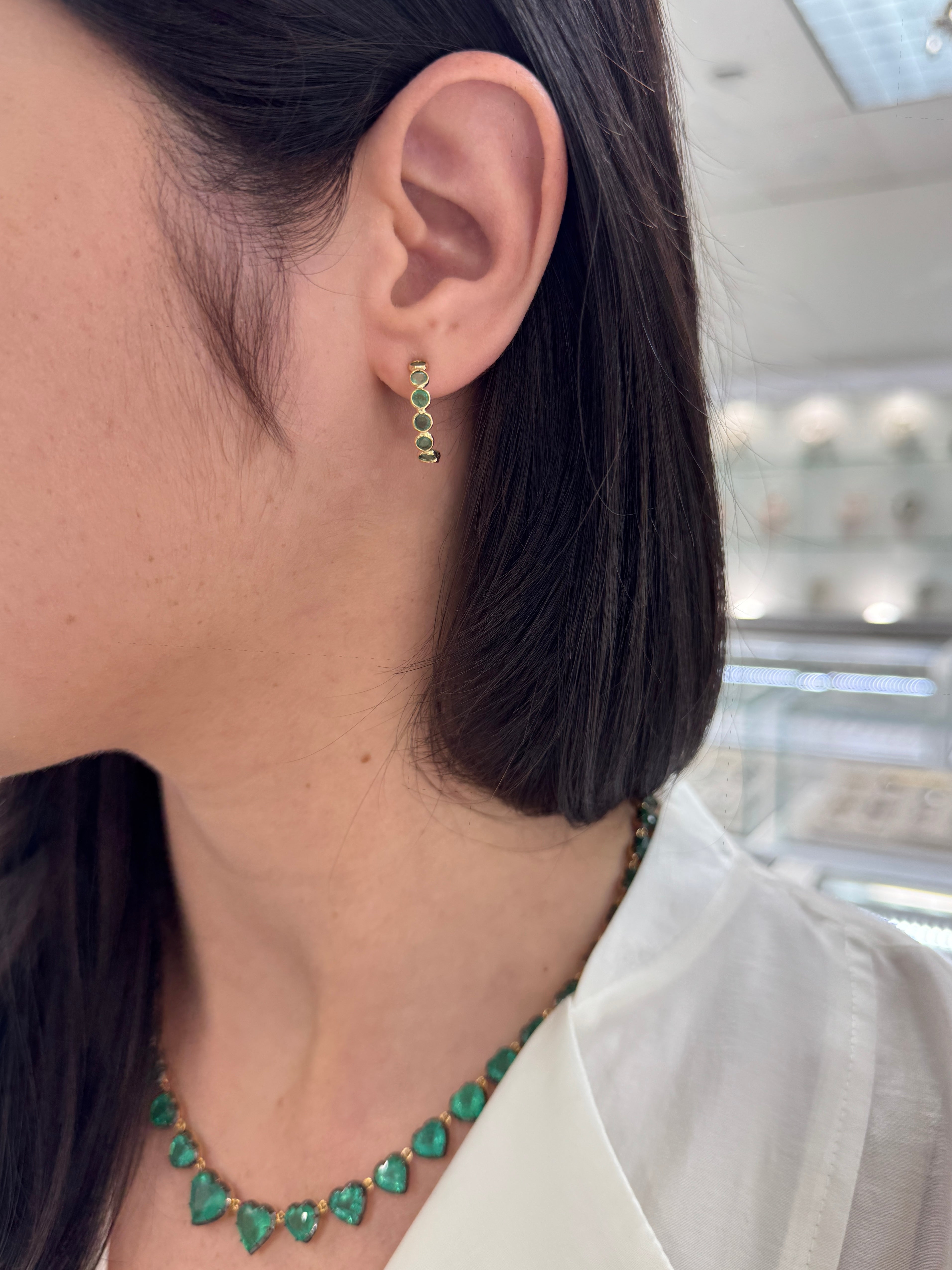 1.95tcw 18K Natural Round Emerald Half Hoop Bezel Earring