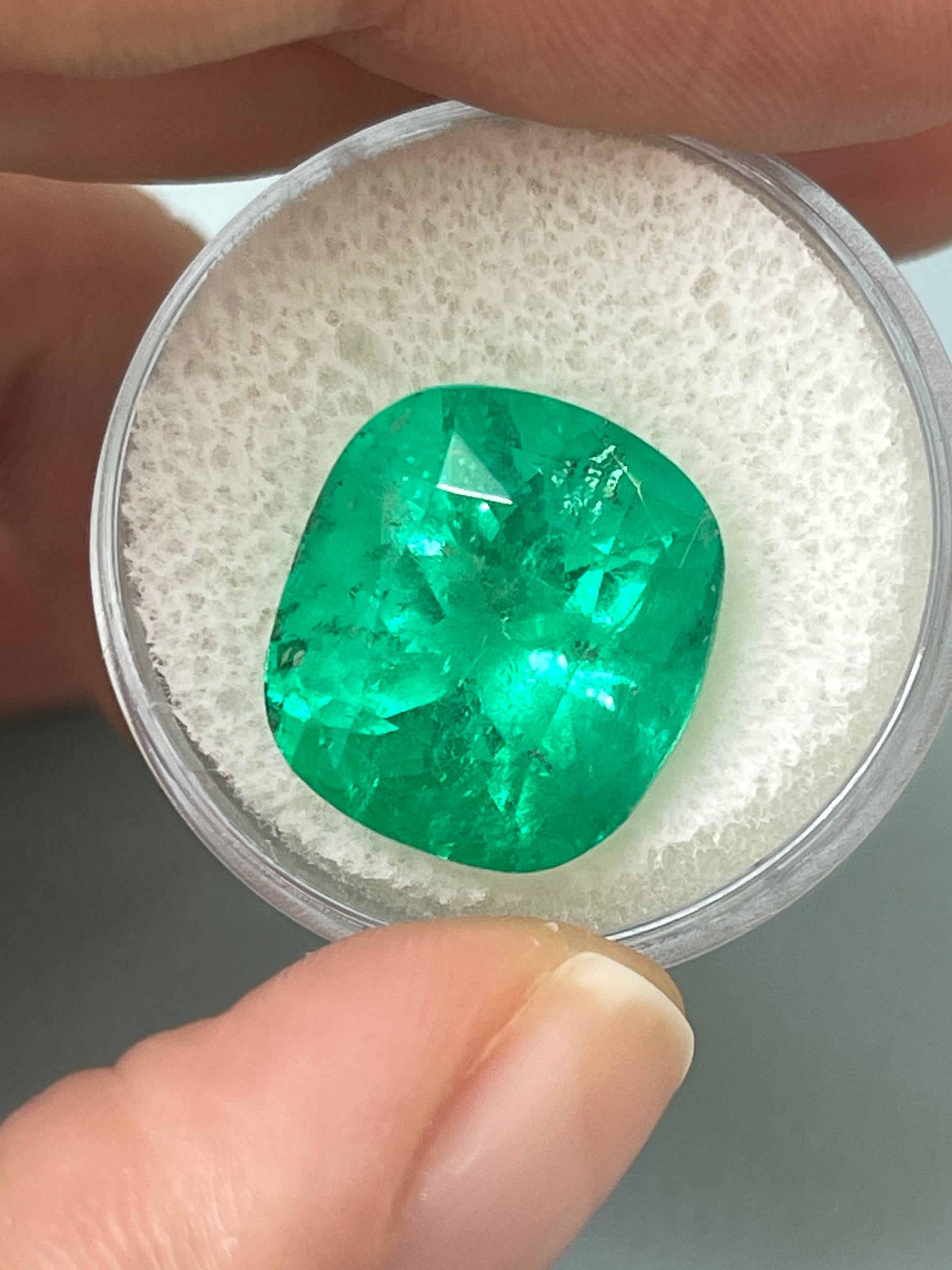 12.27 Carat 15x14 Muzo Yellowish Green Natural Loose Colombian Emerald-Cushion Cut - JR Colombian Emeralds