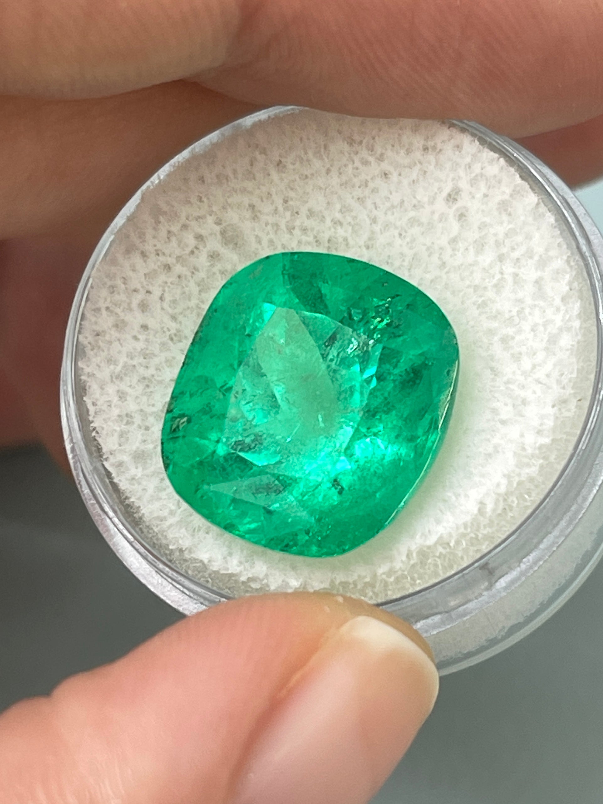 12.27 Carat 15x14 Muzo Yellowish Green Natural Loose Colombian Emerald-Cushion Cut - JR Colombian Emeralds