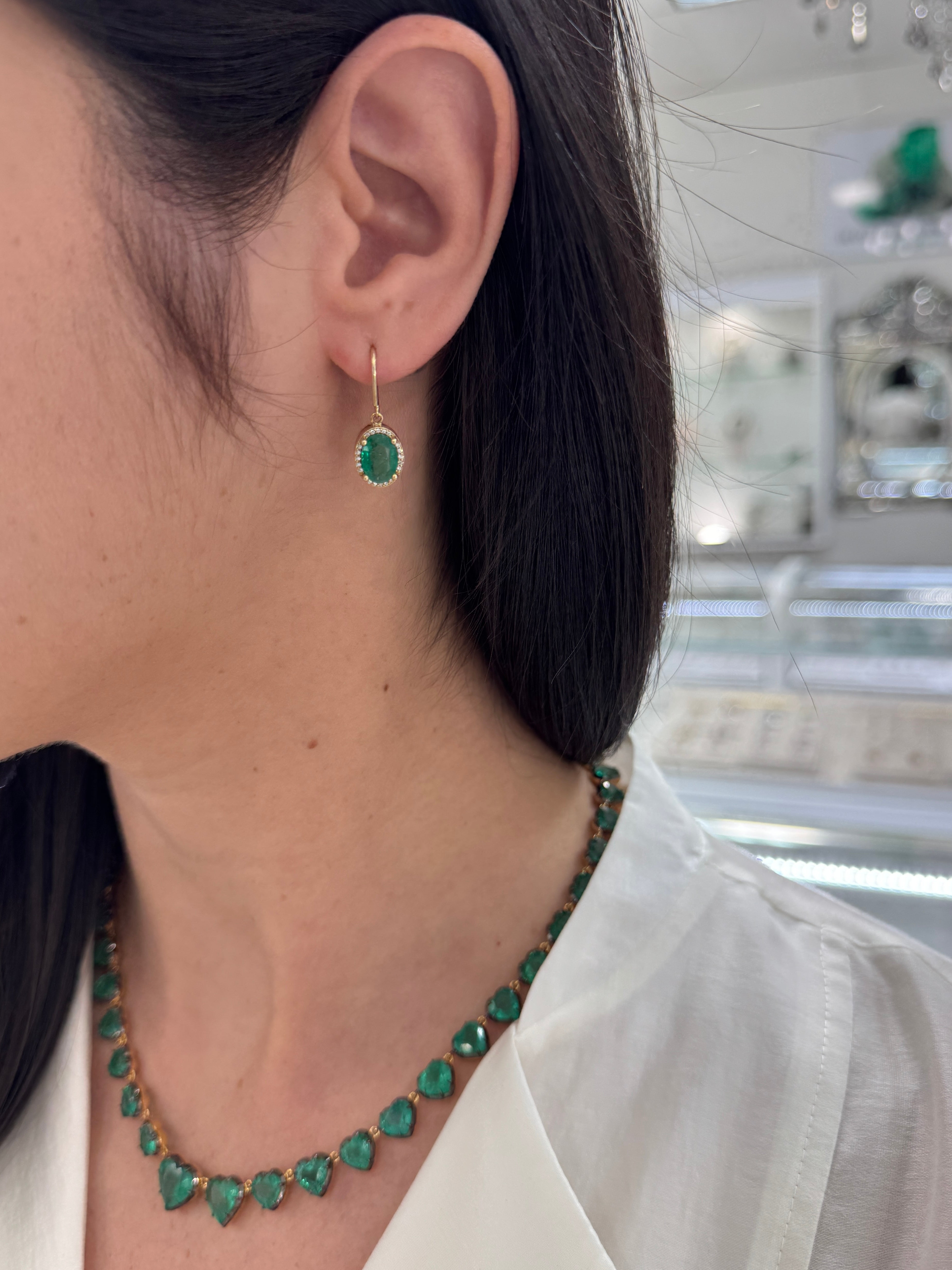 2.90tcw 14K Natural Oval Emerald & Diamond Bishop Hook Earrings