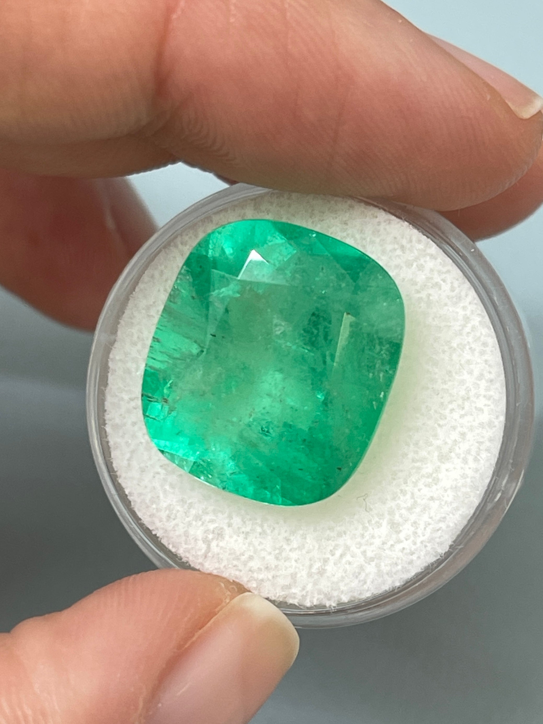 16.11 HUGE 17.5x15 Natural Cushion Colombian Emerald, 17x15 Emerald Cushion Cut - JR Colombian Emeralds