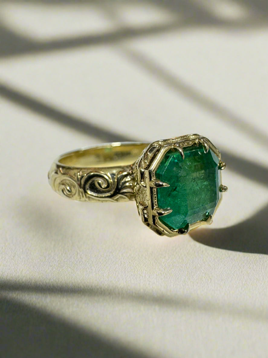 2.85ct 14K Scroll Work Chunky Emerald Cut Ladies Engagement Ring