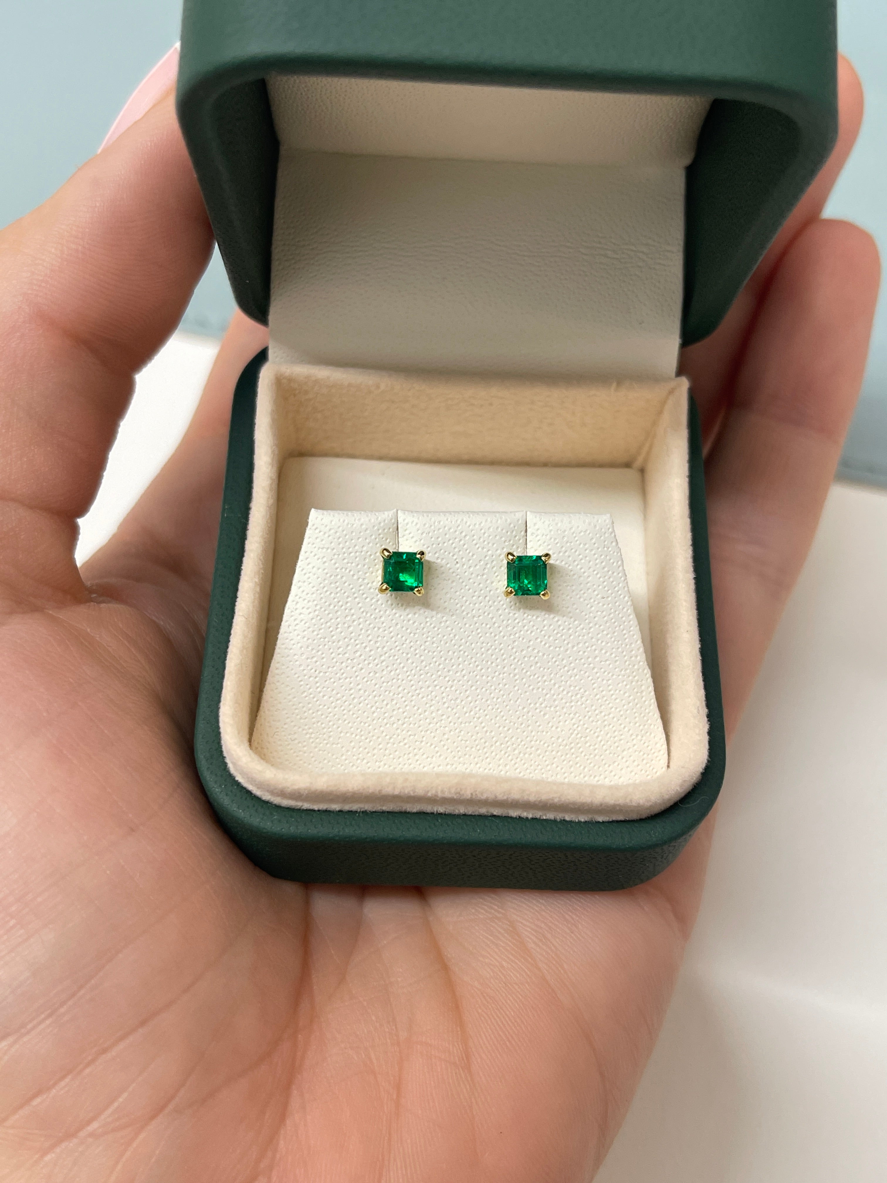 0.64tcw 4x4 AAA+ Muzo Green Asscher Cut Colombian Emerald Studs 18K