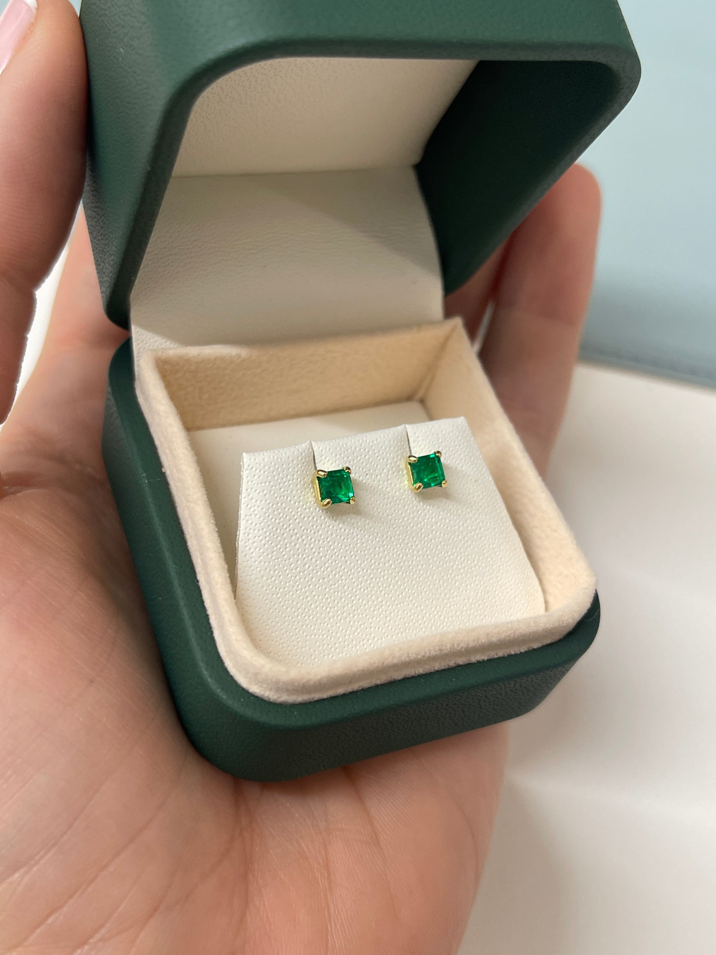 0.64tcw 4x4 AAA+ Muzo Green Asscher Cut Colombian Emerald Studs 18K