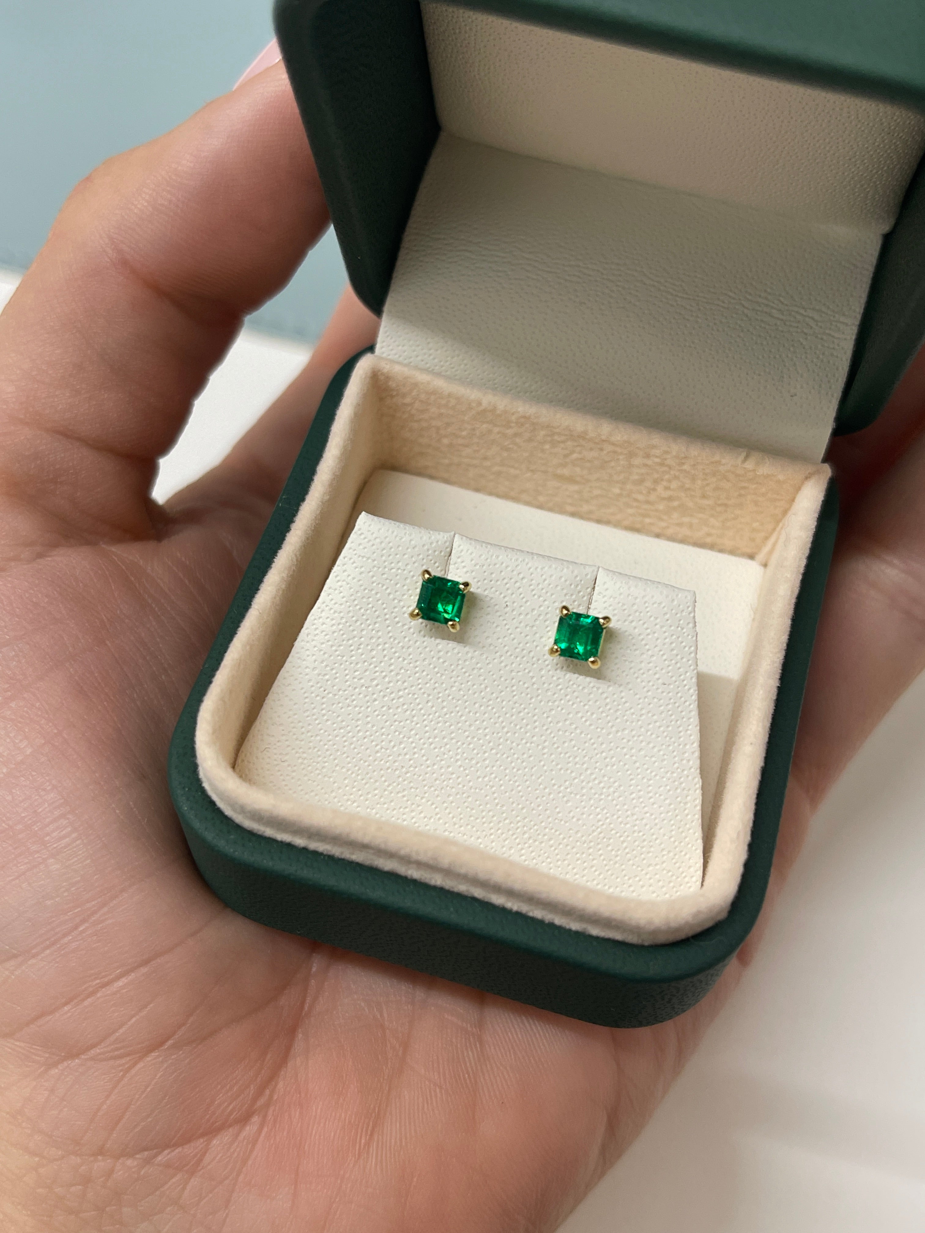 0.64tcw 4x4 AAA+ Muzo Green Asscher Cut Colombian Emerald Studs 18K