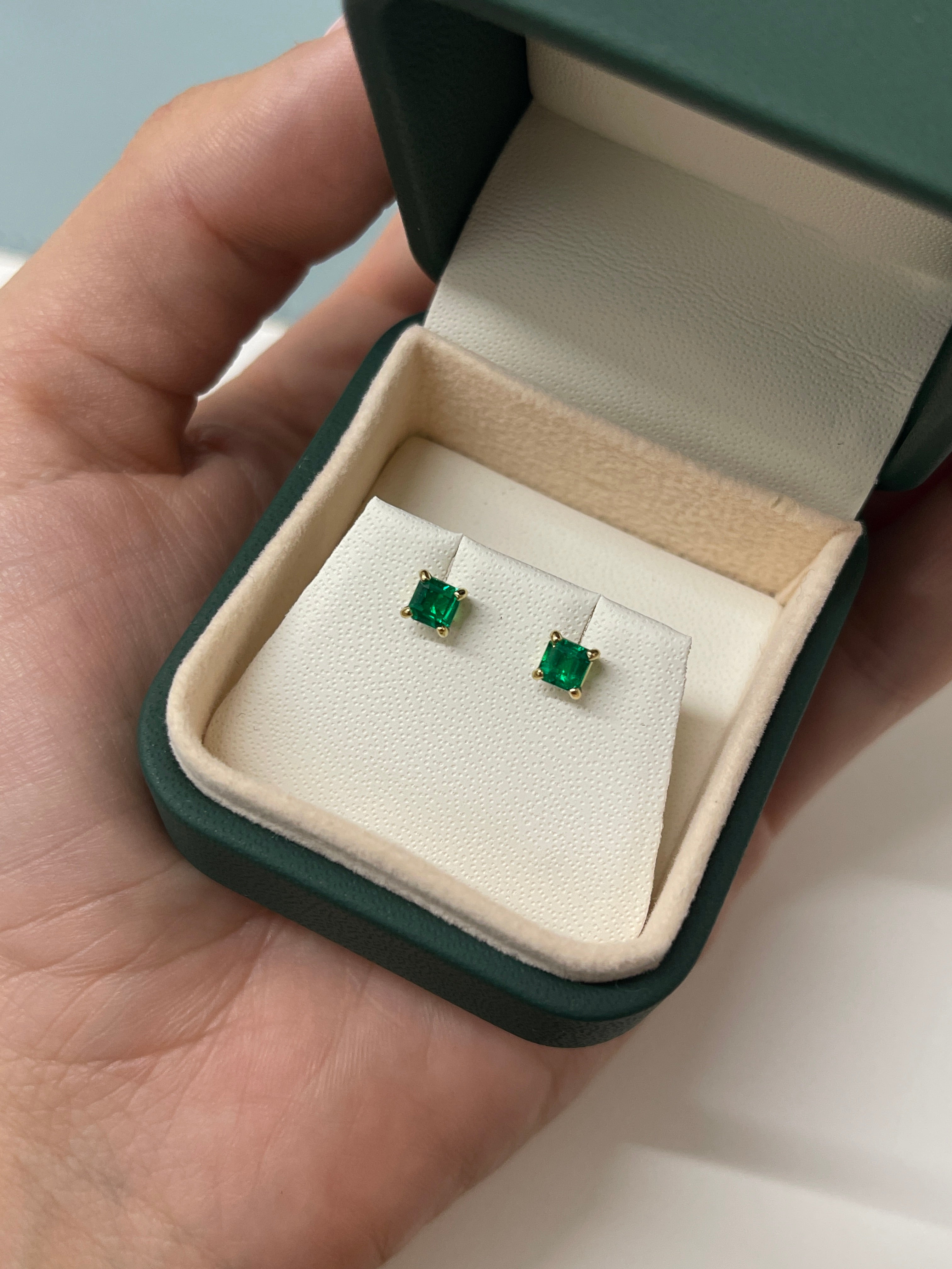 0.64tcw 4x4 AAA+ Muzo Green Asscher Cut Colombian Emerald Studs 18K