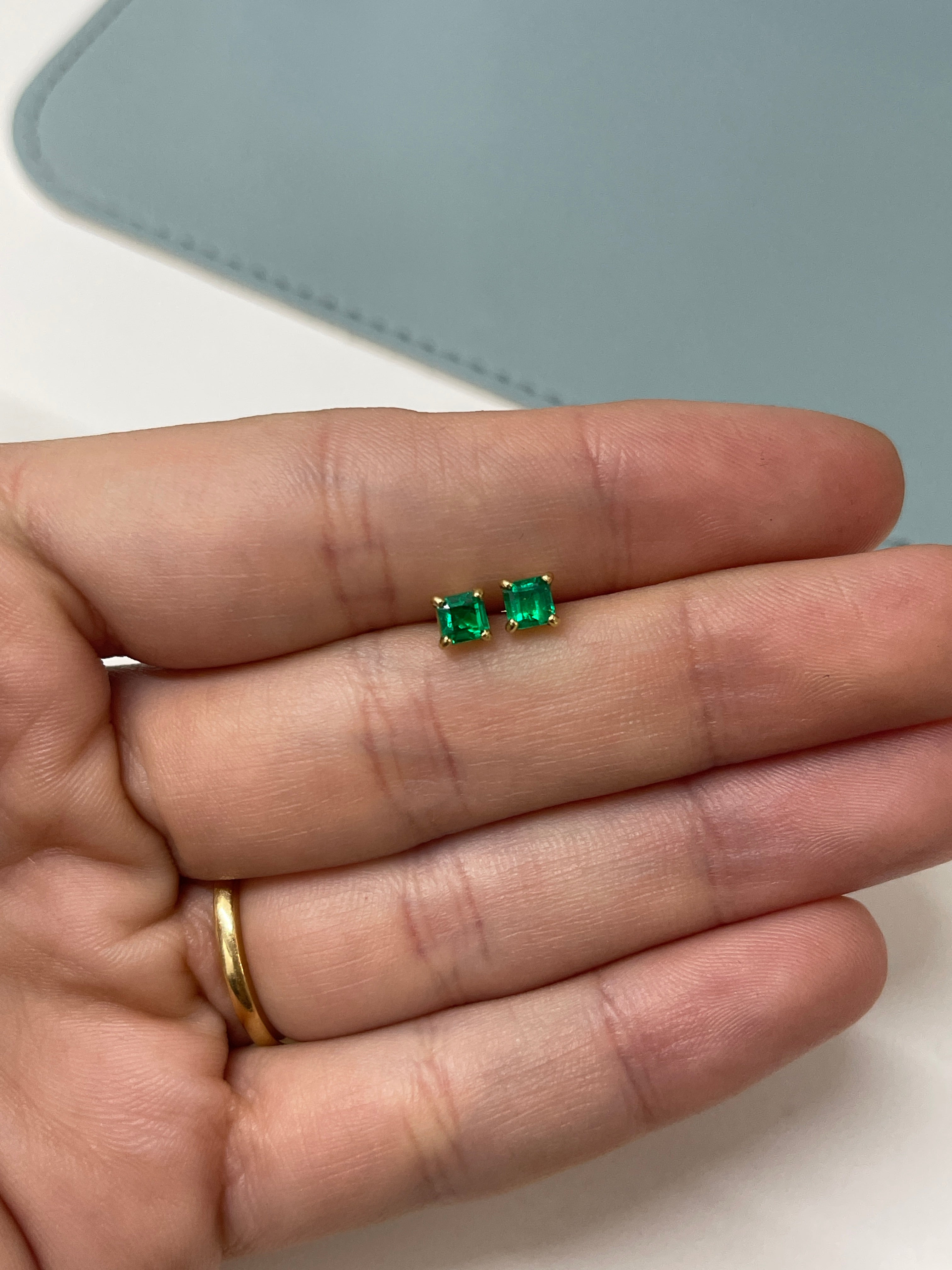 0.64tcw 4x4 AAA+ Muzo Green Asscher Cut Colombian Emerald Studs 18K