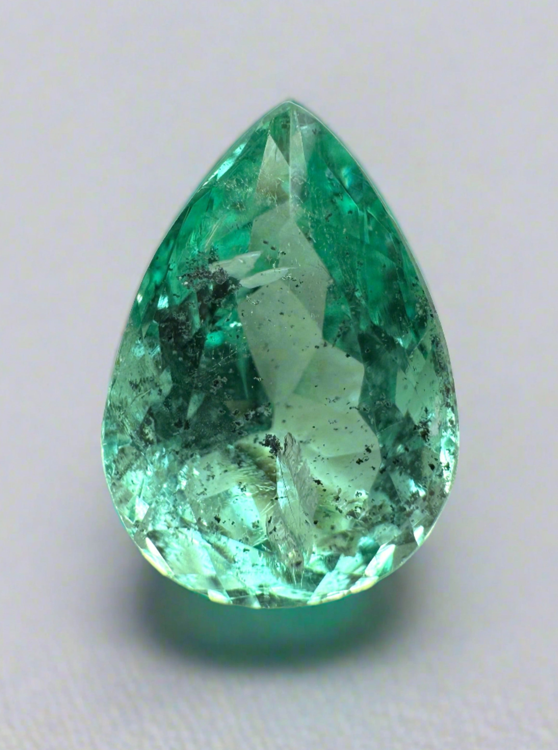 5.20 Carat 14x10 Vibrant Freckled Natural Loose Colombian Emerald-Pear Cut - JR Colombian Emeralds