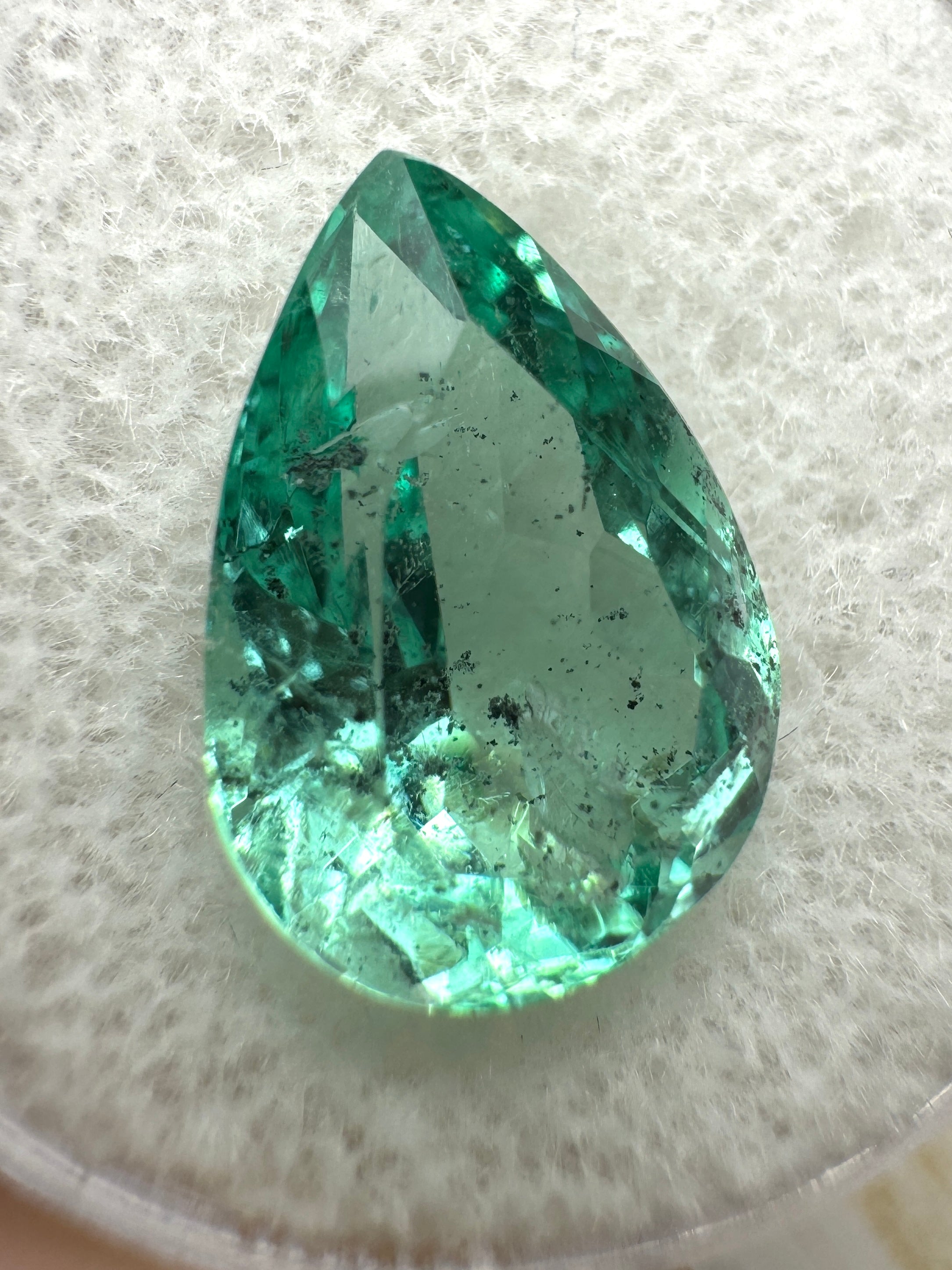 5.20 Carat 14x10 Vibrant Freckled Natural Loose Colombian Emerald-Pear Cut - JR Colombian Emeralds