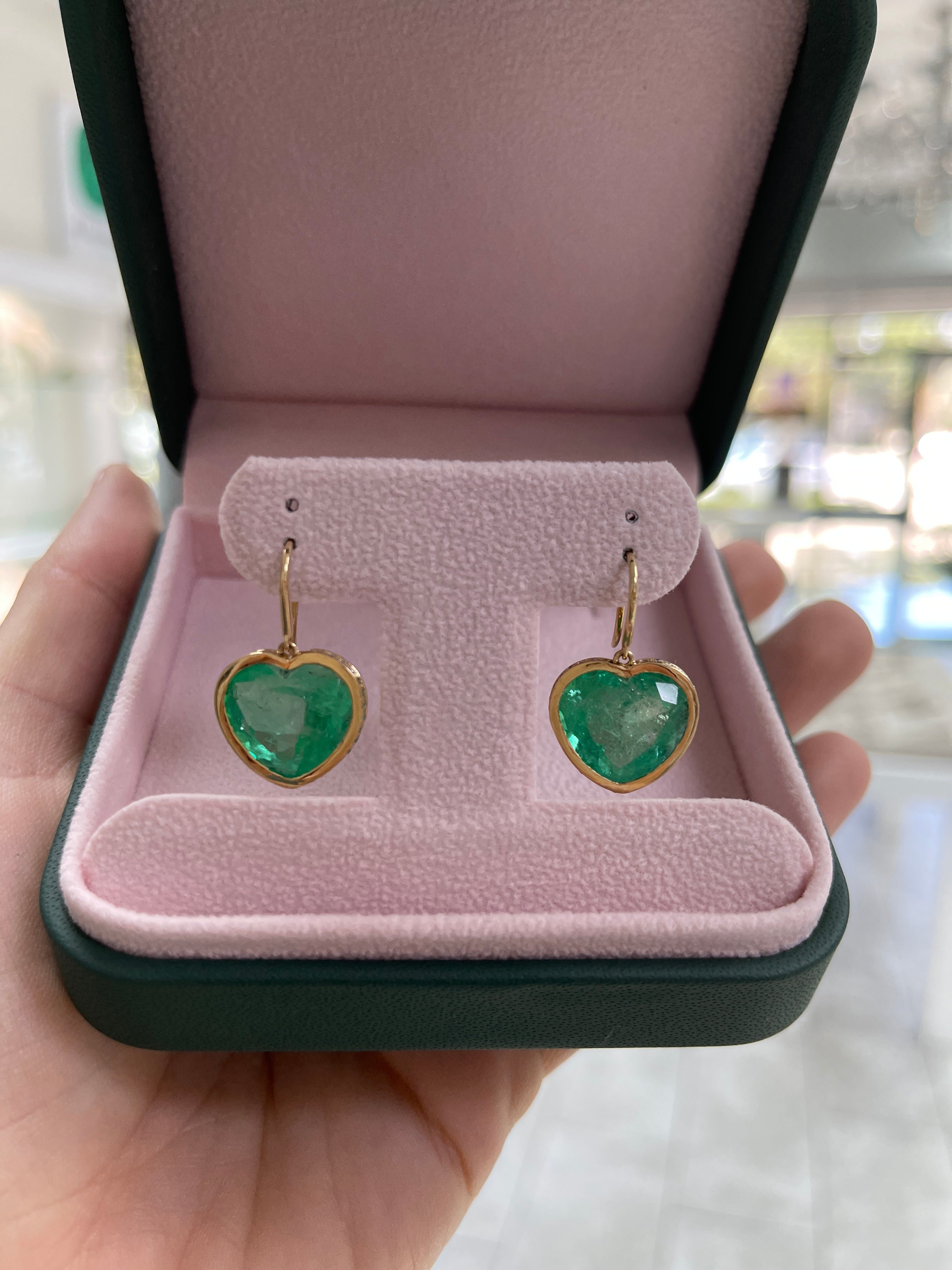 17.40tcw Bubbly Colombian Emerald Heart Dangle Earrings with Ombre Diamond & Emerald Bezel 18K