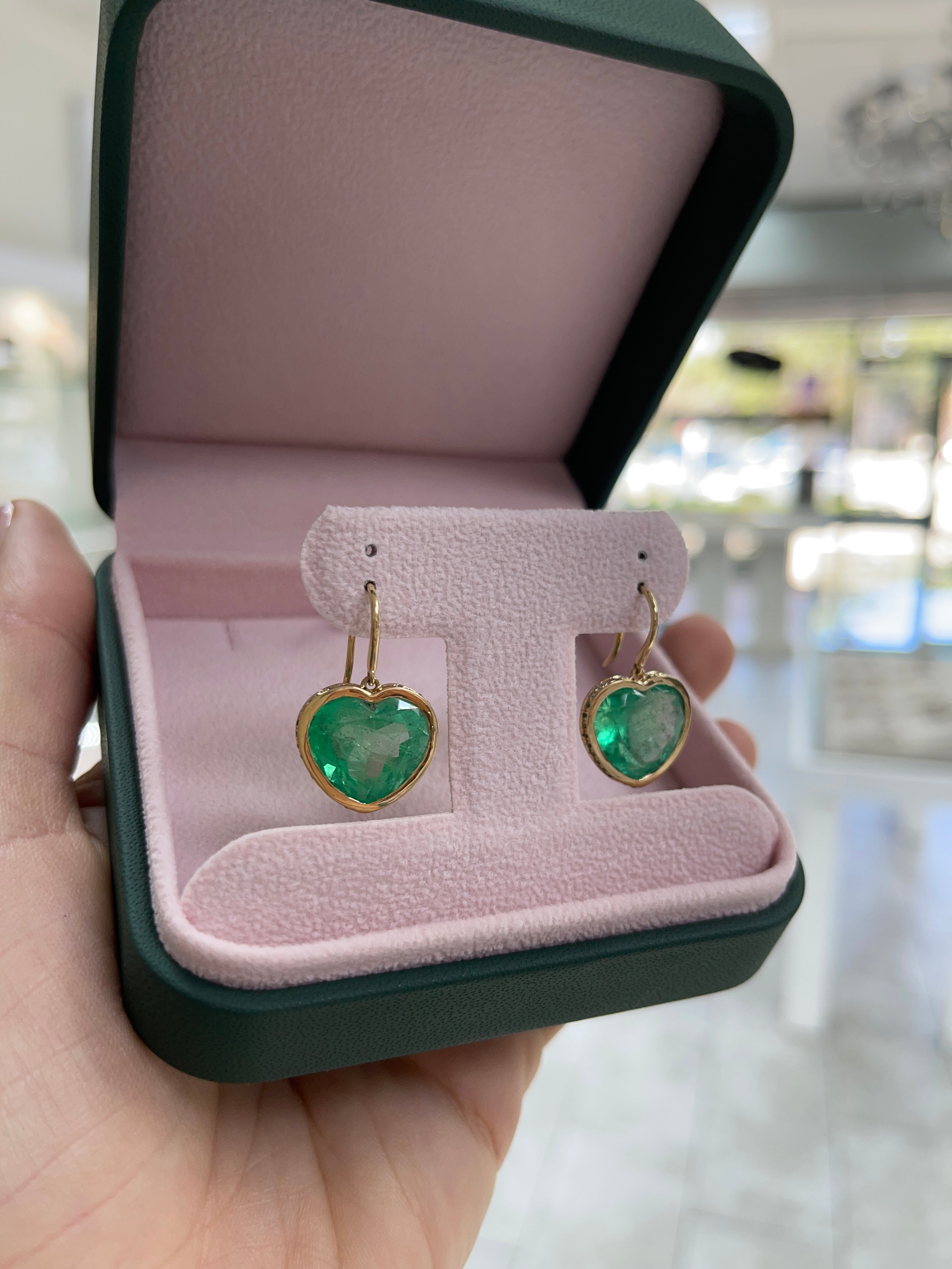 17.40tcw Bubbly Colombian Emerald Heart Dangle Earrings with Ombre Diamond & Emerald Bezel 18K