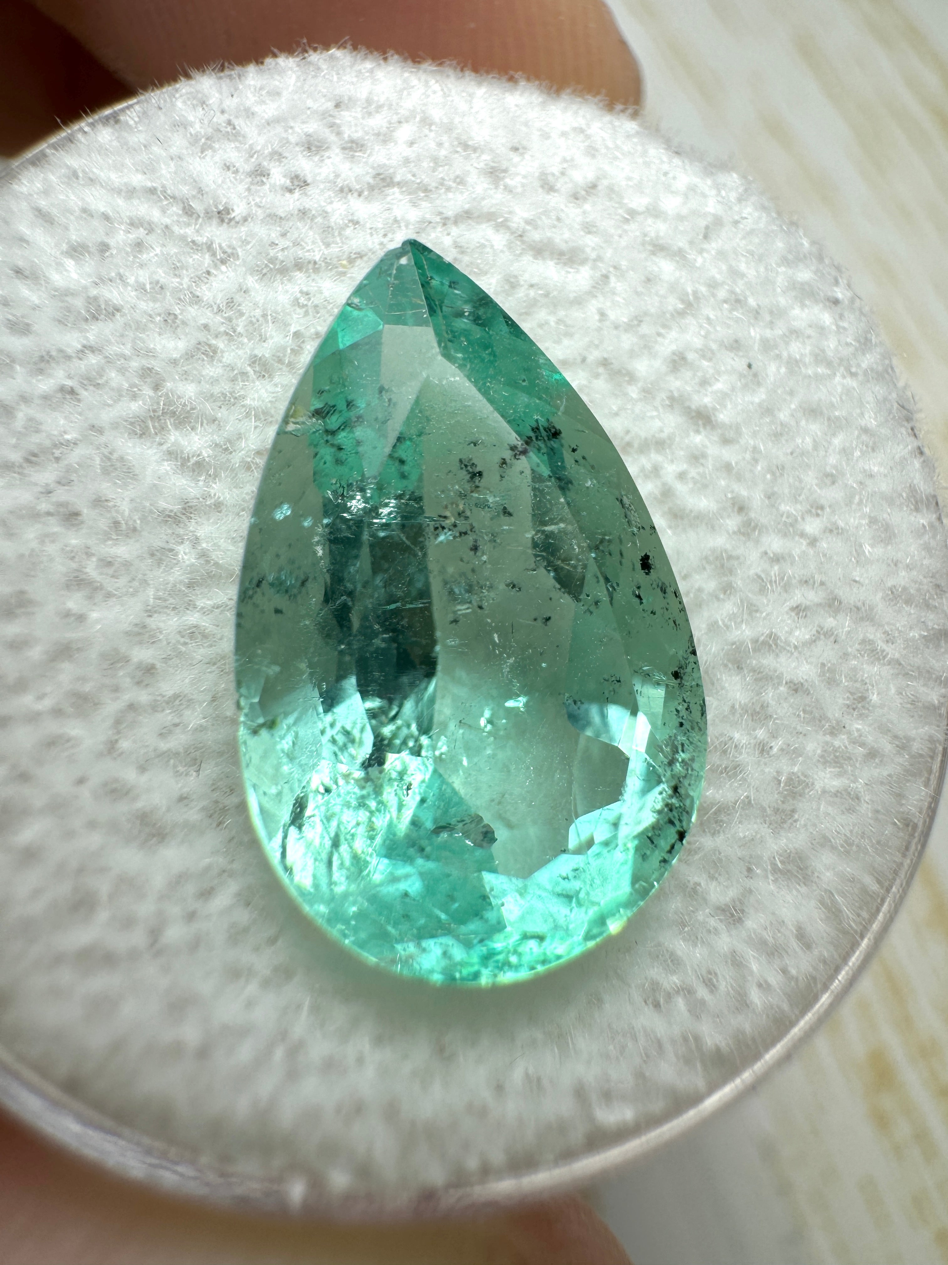 6.41 Carat 16x10 Light Green Freckled Natural Loose Colombian Emerald-Pear Cut - JR Colombian Emeralds