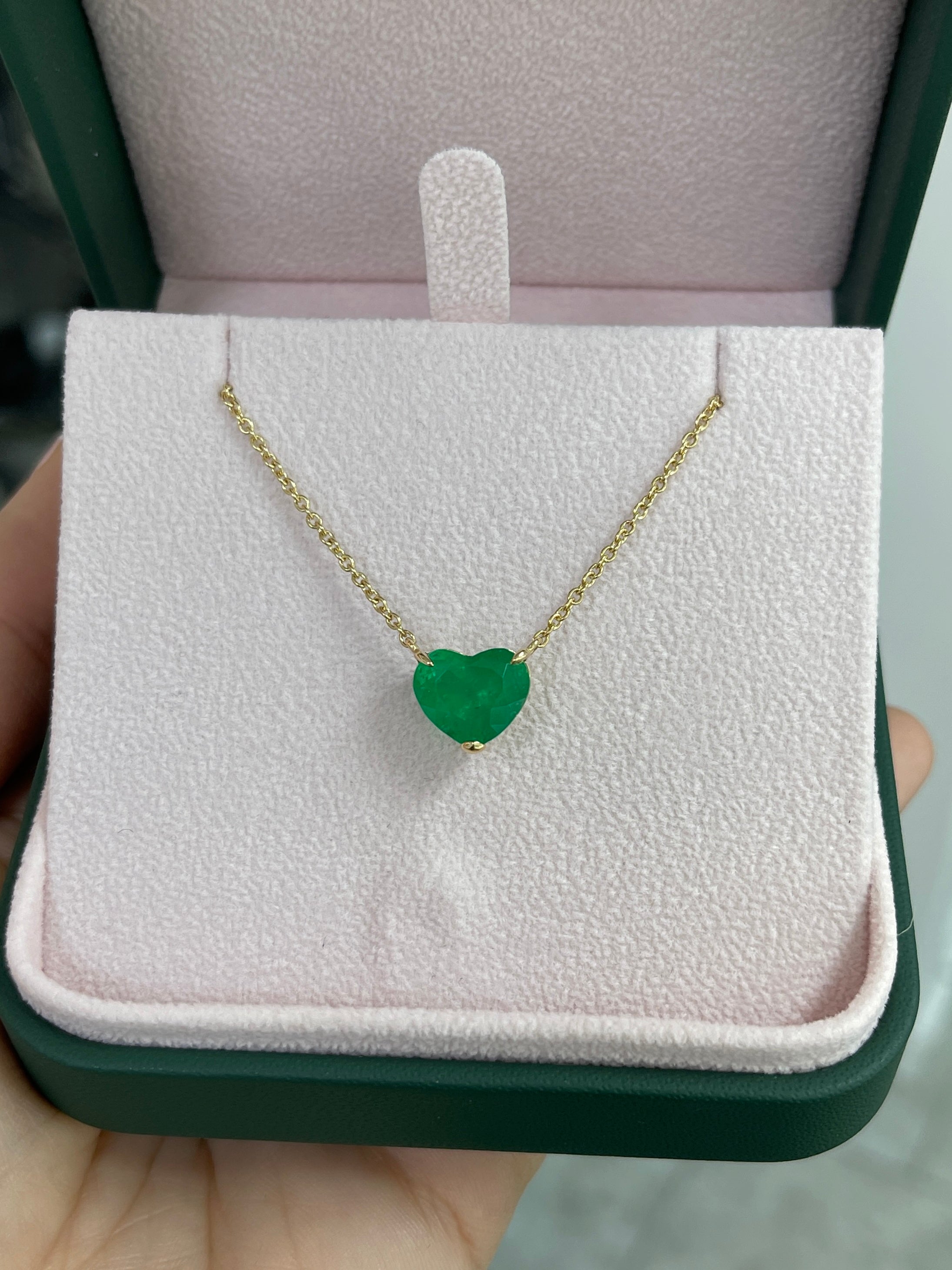 3.85 Carat Colombian Emerald Heart Cut Solitaire 18K Necklace