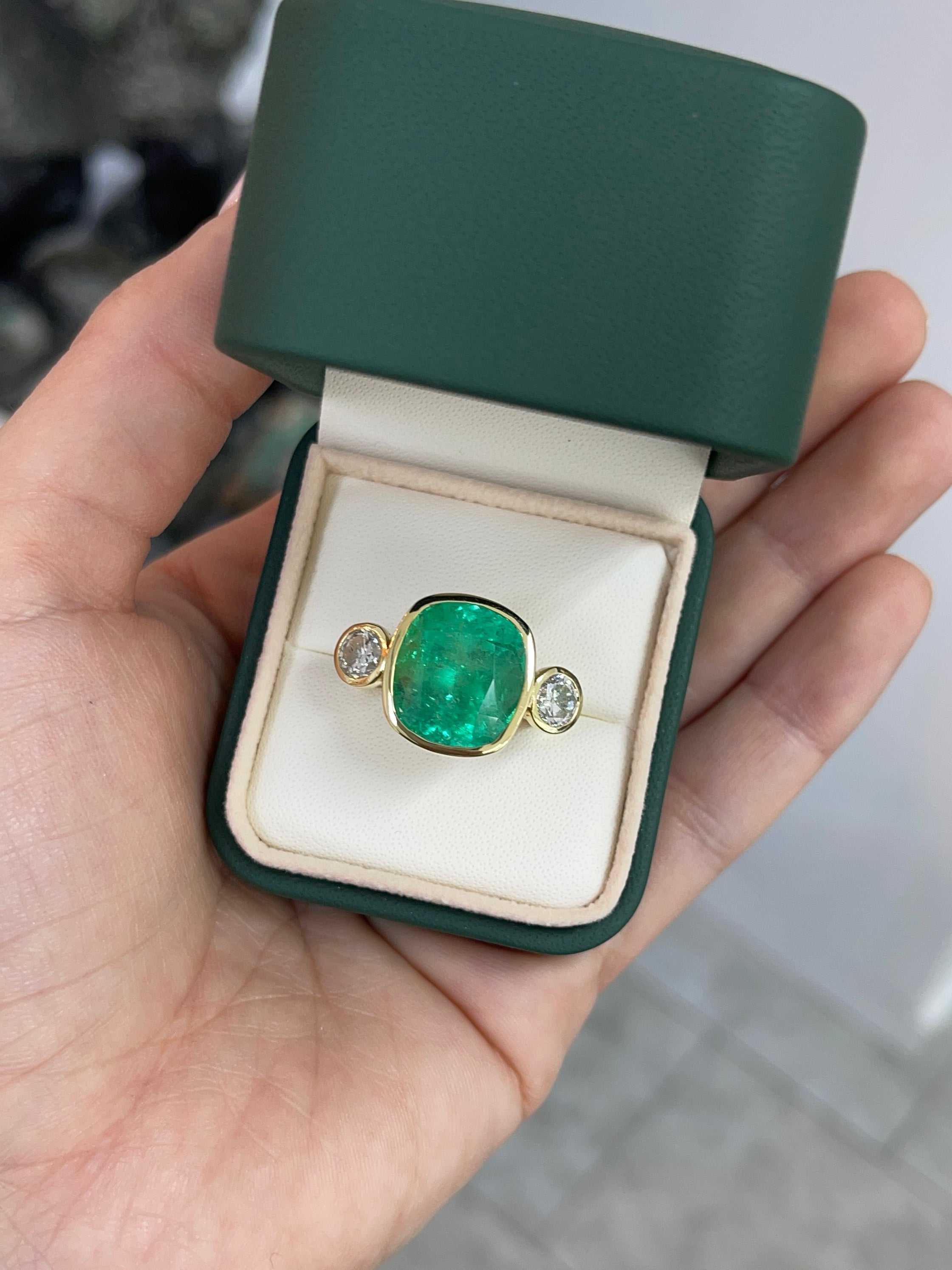 14.20tcw Colombian Emerald Cushion cut & Diamond Bezel Three Stone Statement Ring 18K