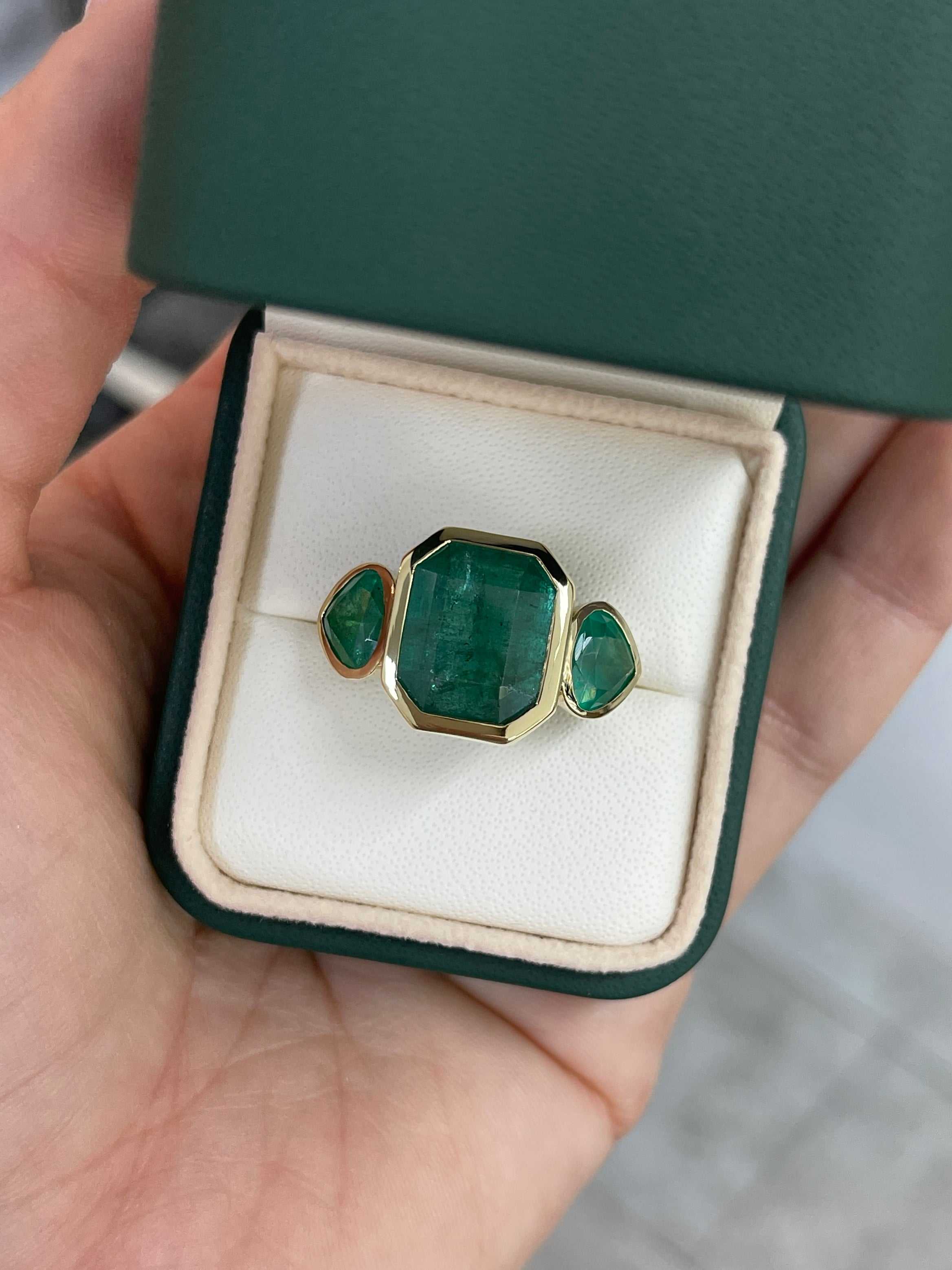 15.44tcw Three-Stone Emerald Ring with 11.32-Carat Zambian Emerald and Pear-Cut Accents in 18K Gold