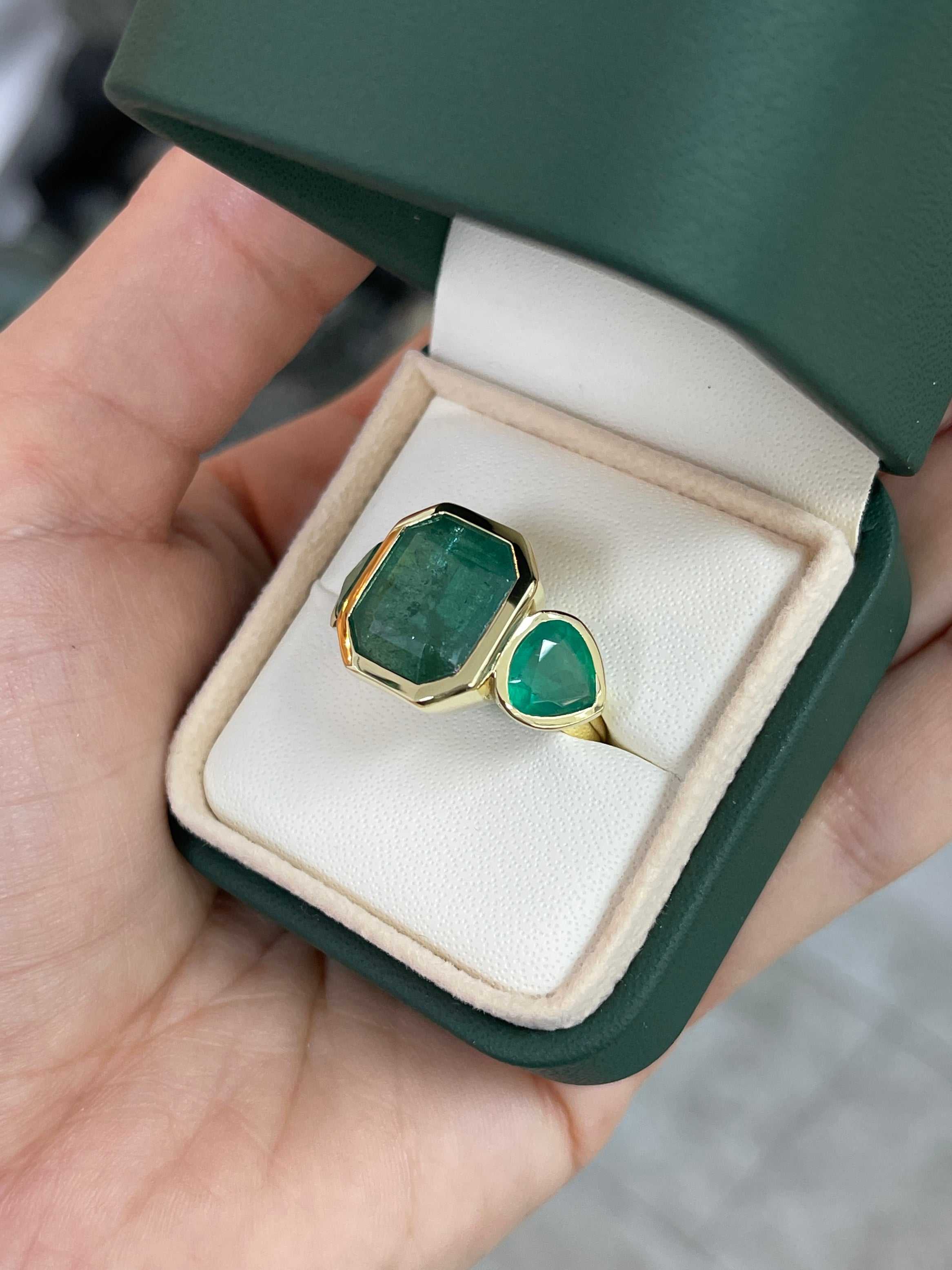 15.44tcw Three-Stone Emerald Ring with 11.32-Carat Zambian Emerald and Pear-Cut Accents in 18K Gold