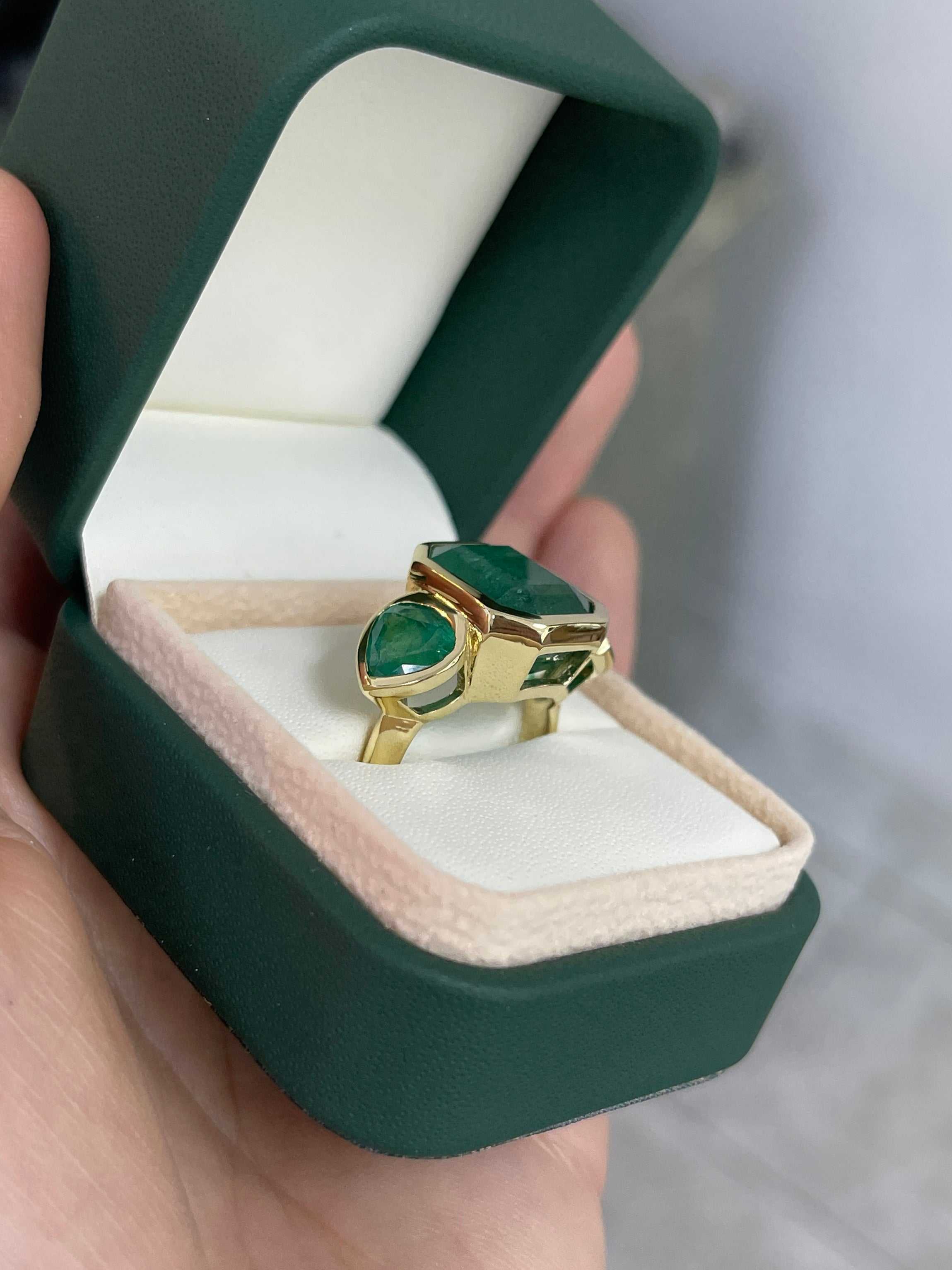 15.44tcw Three-Stone Emerald Ring with 11.32-Carat Zambian Emerald and Pear-Cut Accents in 18K Gold