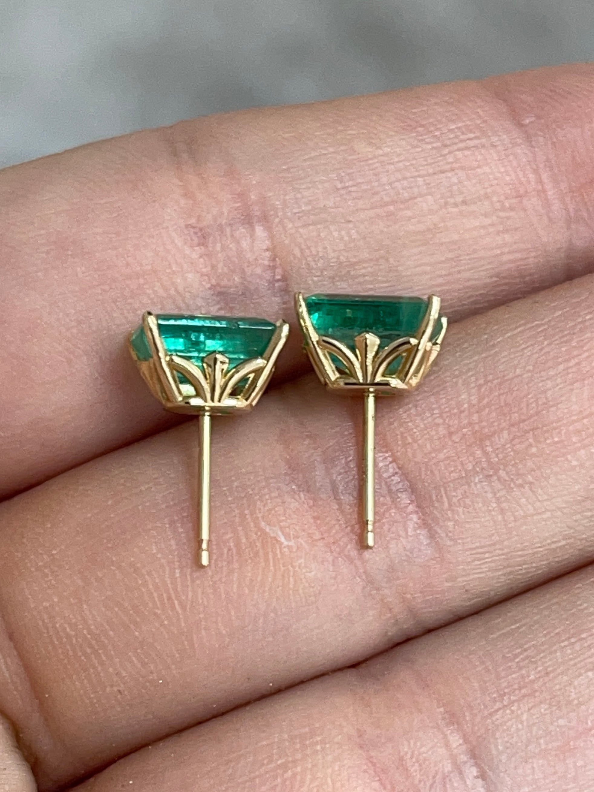 3.24tcw 14K Fleur De Lis 4 Prong Emerald Cut Solitaire May Birthstone Stud Earrings - JR Colombian Emeralds