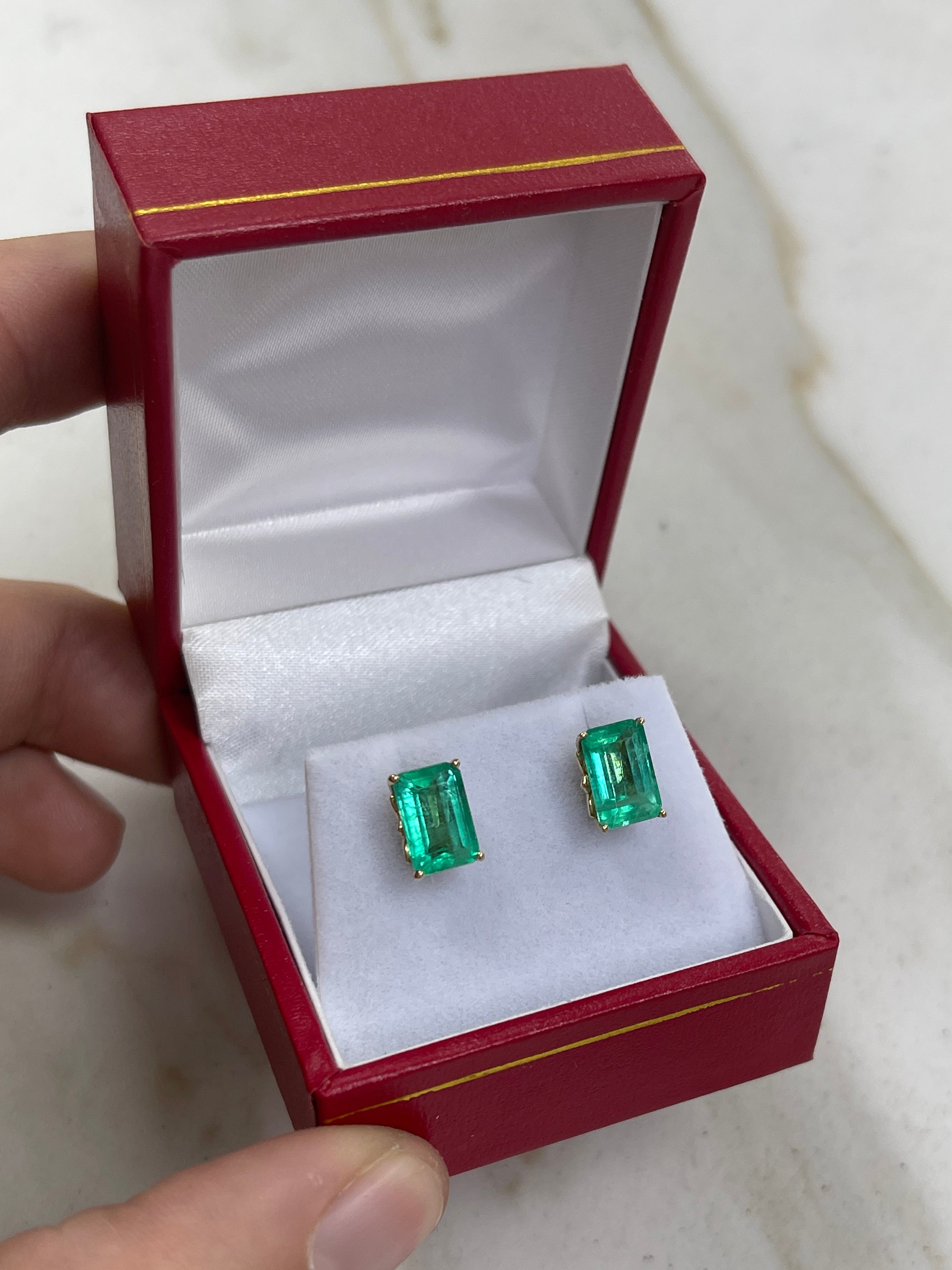 3.24tcw 14K Fleur De Lis 4 Prong Emerald Cut Solitaire May Birthstone Stud Earrings - JR Colombian Emeralds