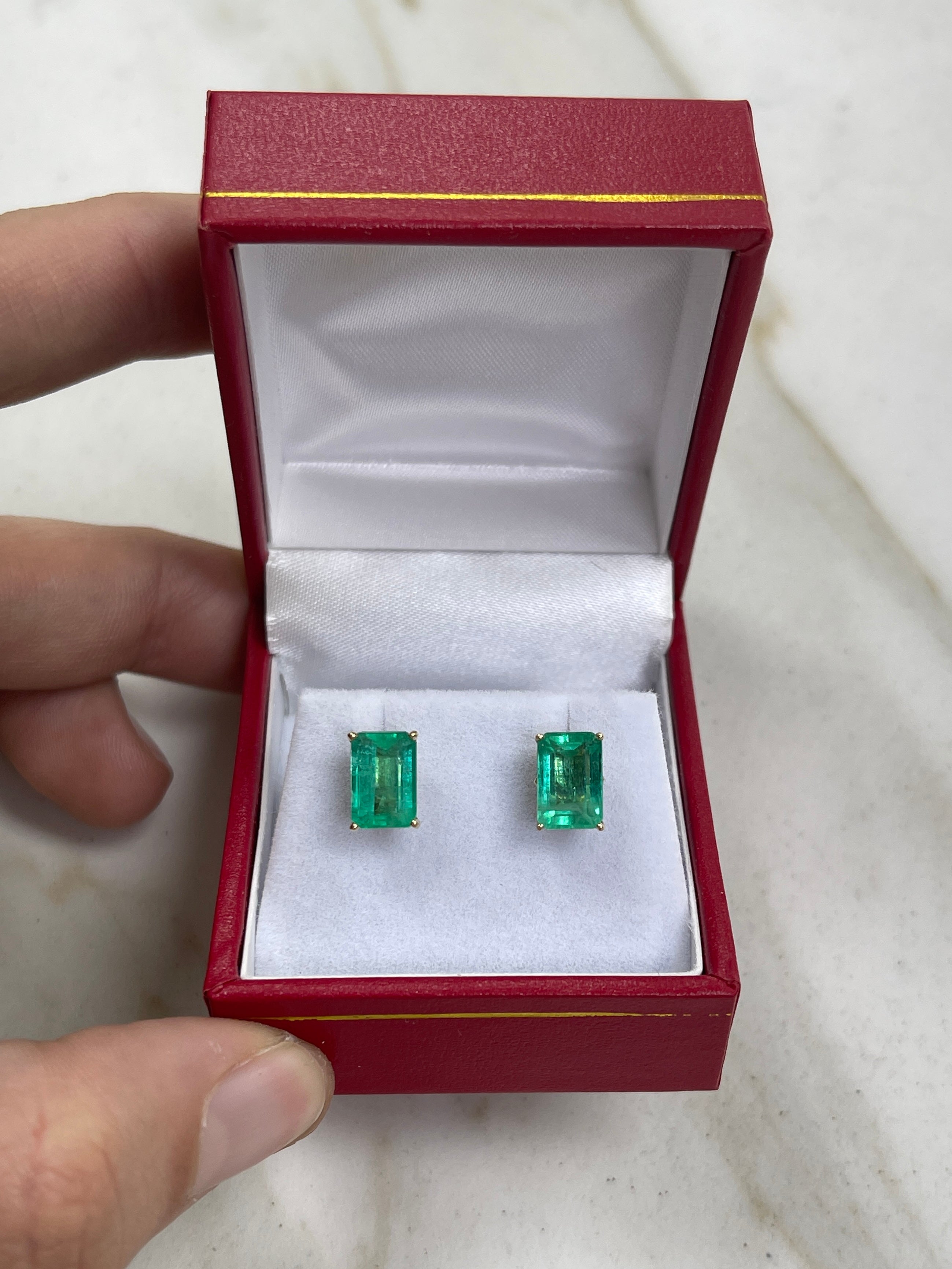 3.24tcw 14K Fleur De Lis 4 Prong Emerald Cut Solitaire May Birthstone Stud Earrings - JR Colombian Emeralds