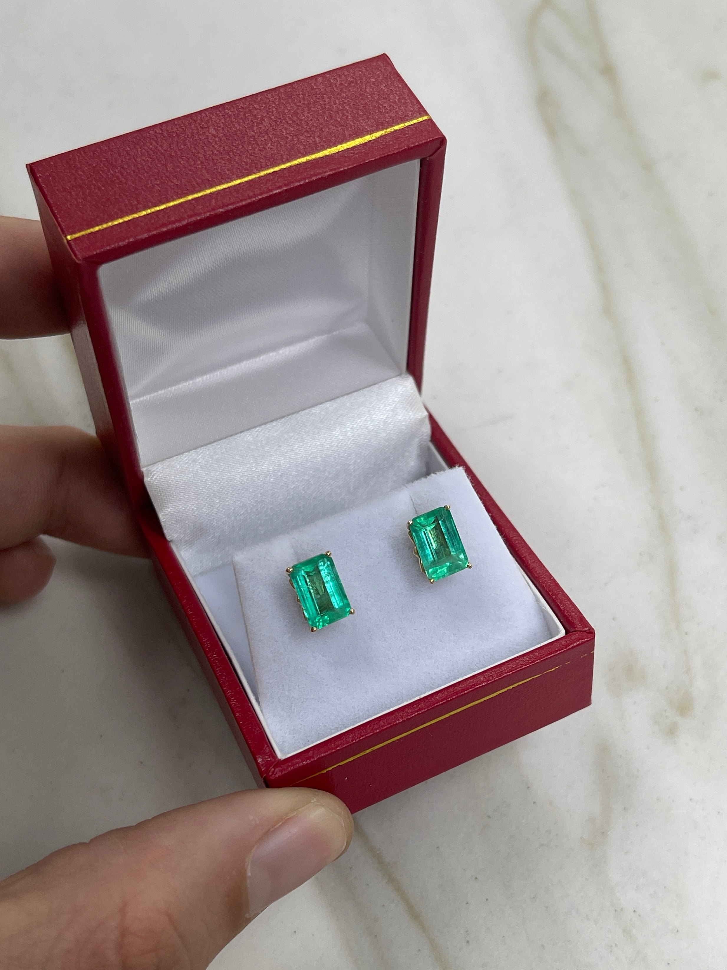 3.24tcw 14K Fleur De Lis 4 Prong Emerald Cut Solitaire May Birthstone Stud Earrings - JR Colombian Emeralds