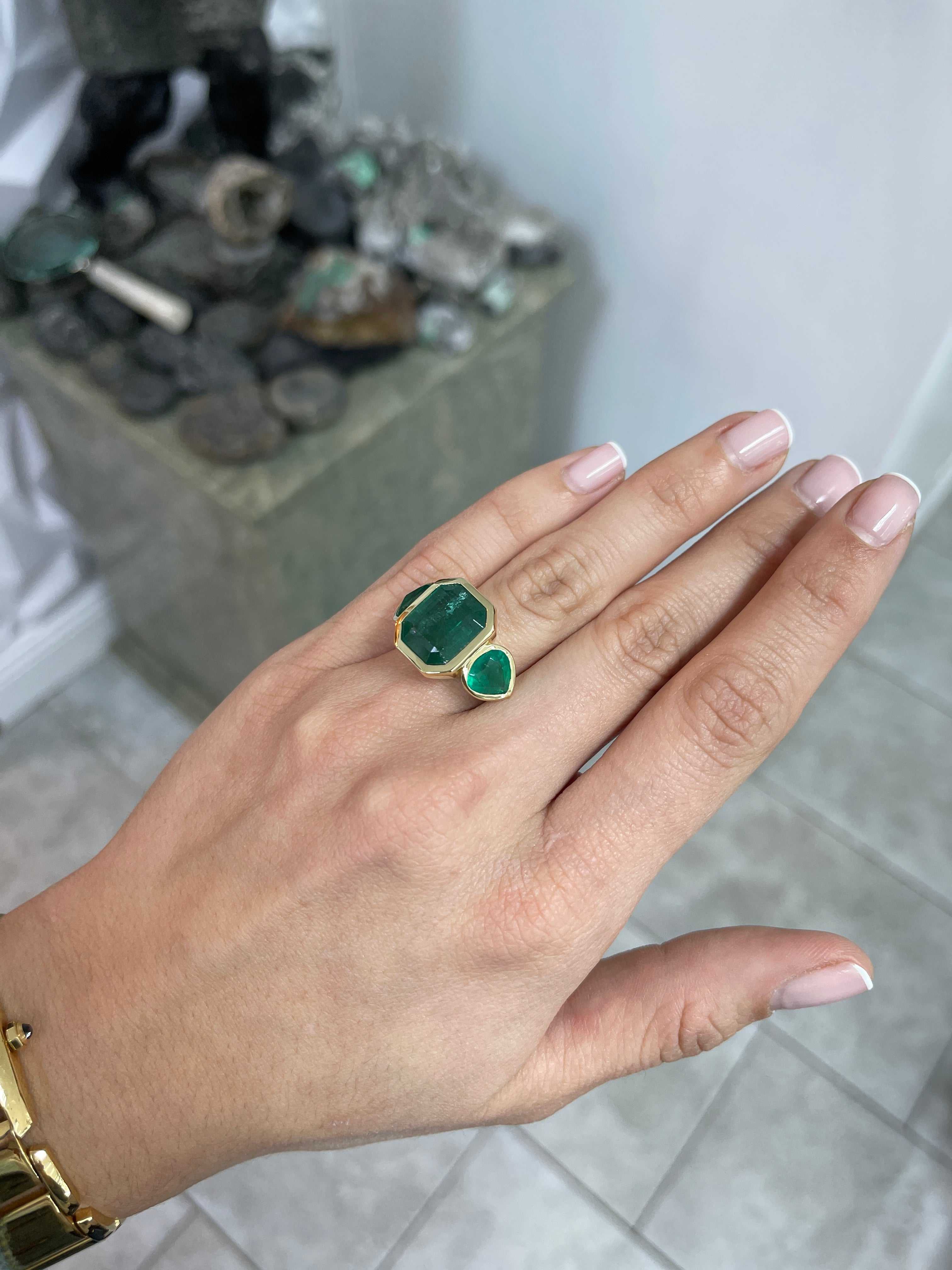 15.44tcw Three-Stone Emerald Ring with 11.32-Carat Zambian Emerald and Pear-Cut Accents in 18K Gold