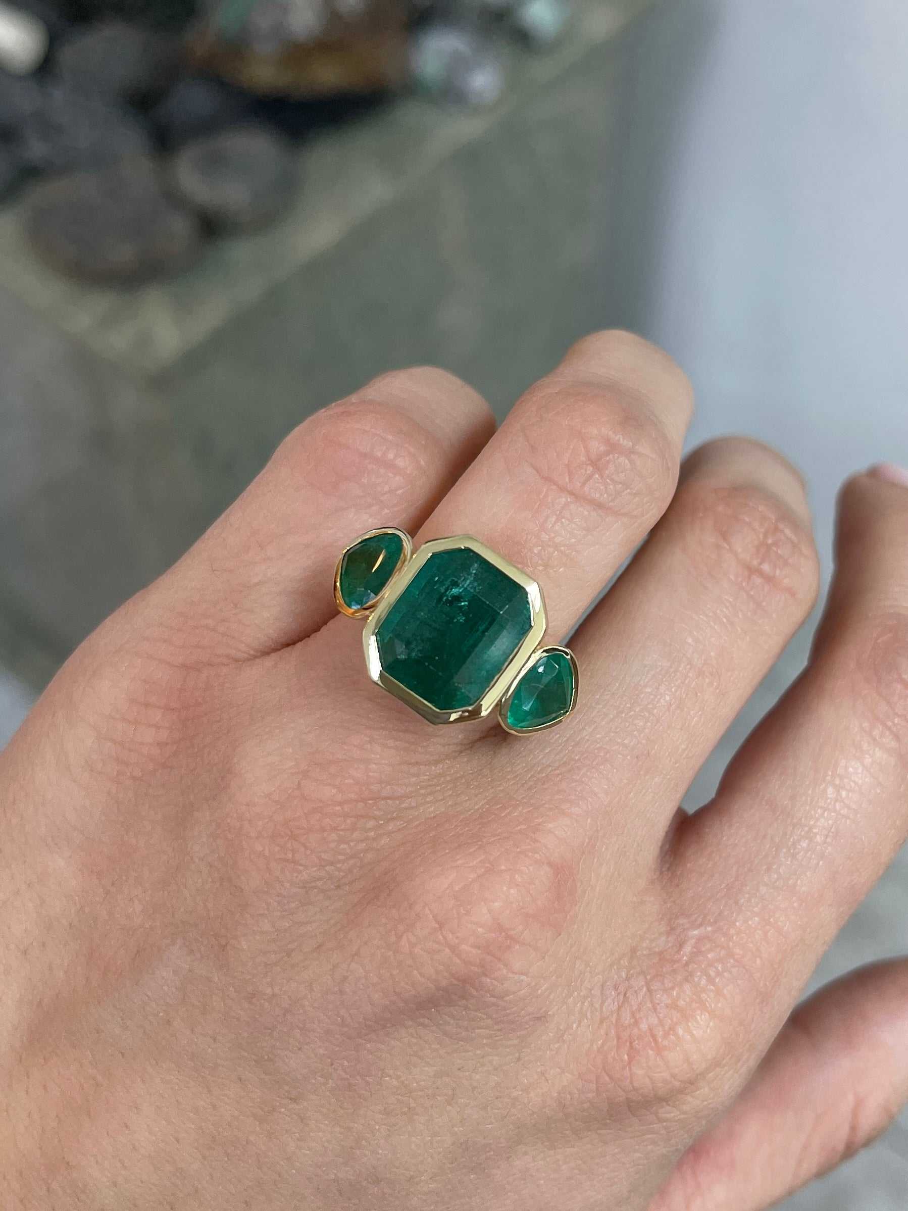 15.44tcw Three-Stone Emerald Ring with 11.32-Carat Zambian Emerald and Pear-Cut Accents in 18K Gold