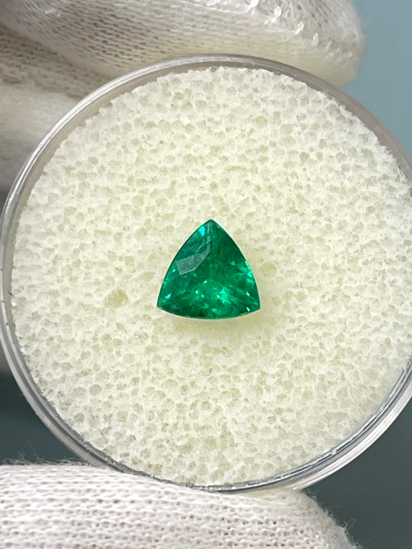 0.70 carat 6.3x6.5 Intense Bluish Green Natural Trillion Emerald