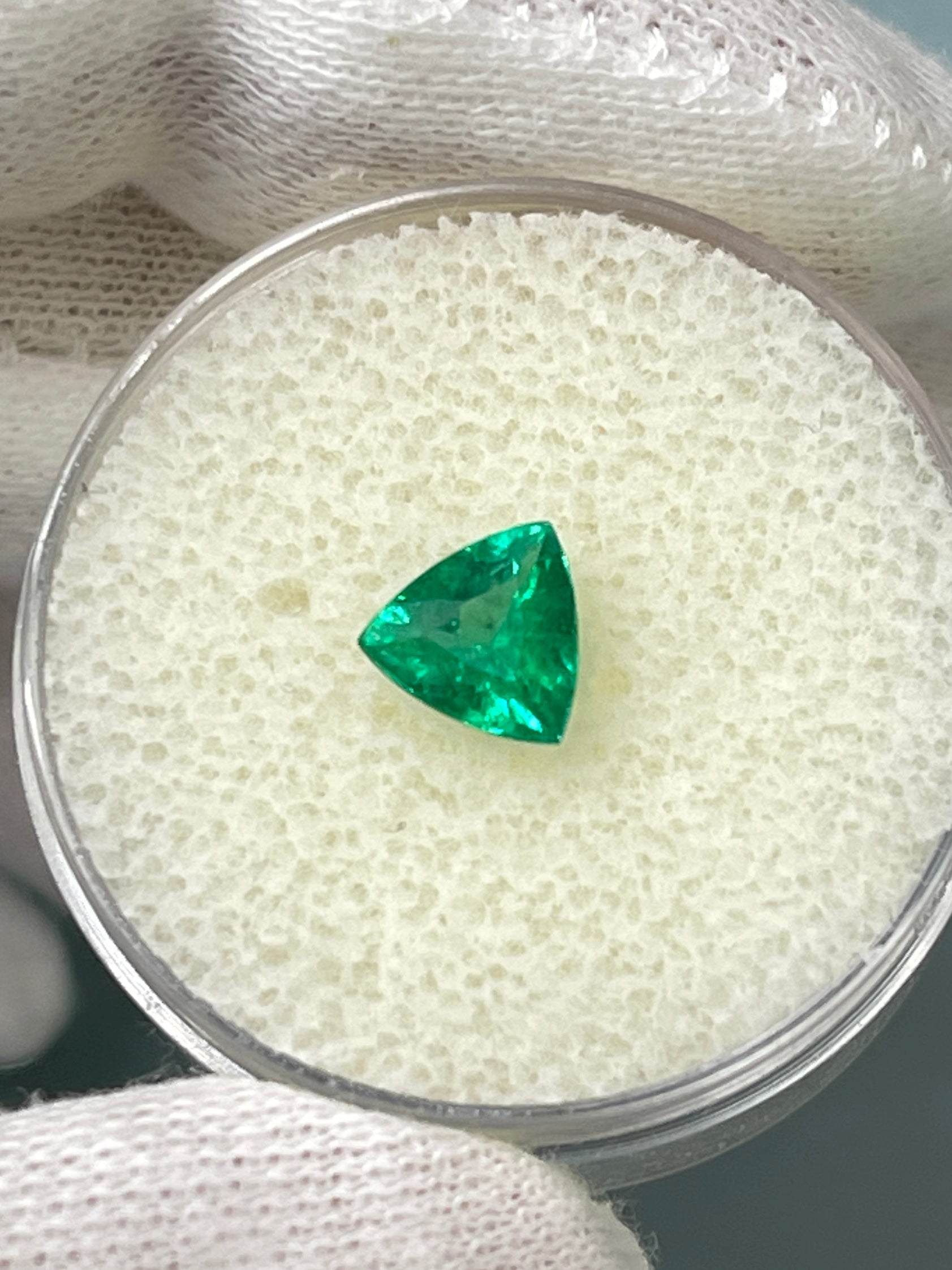 0.70 carat 6.3x6.5 Intense Bluish Green Natural Trillion Emerald