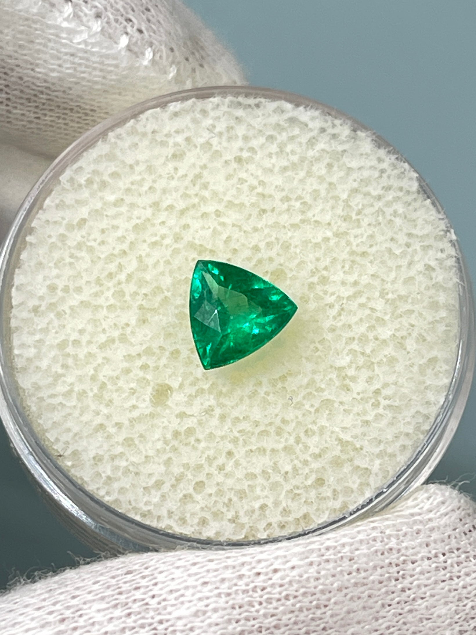 0.70 carat 6.3x6.5 Intense Bluish Green Natural Trillion Emerald