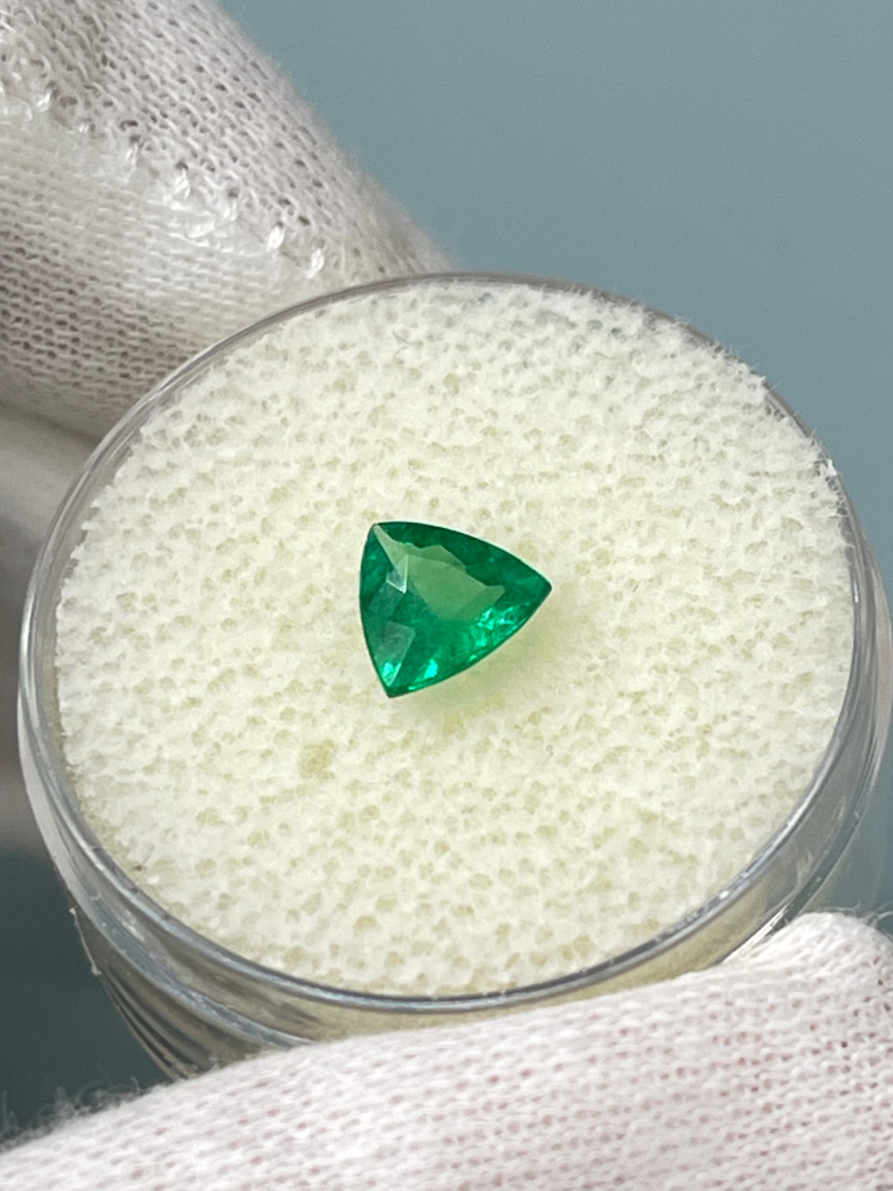 0.70 carat 6.3x6.5 Intense Bluish Green Natural Trillion Emerald