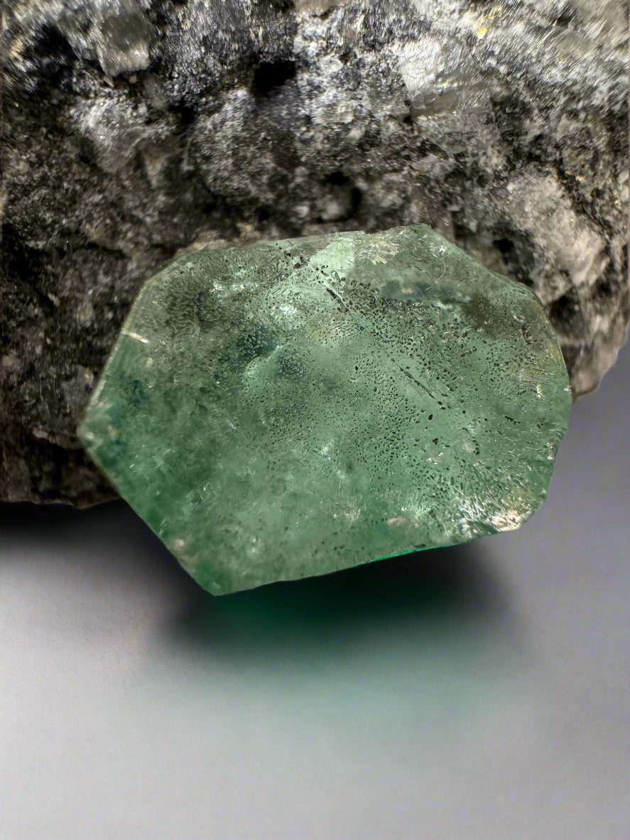 19mm x 14.87mm Single Cut Rough Colombian Emerald In Black Shale Matrix