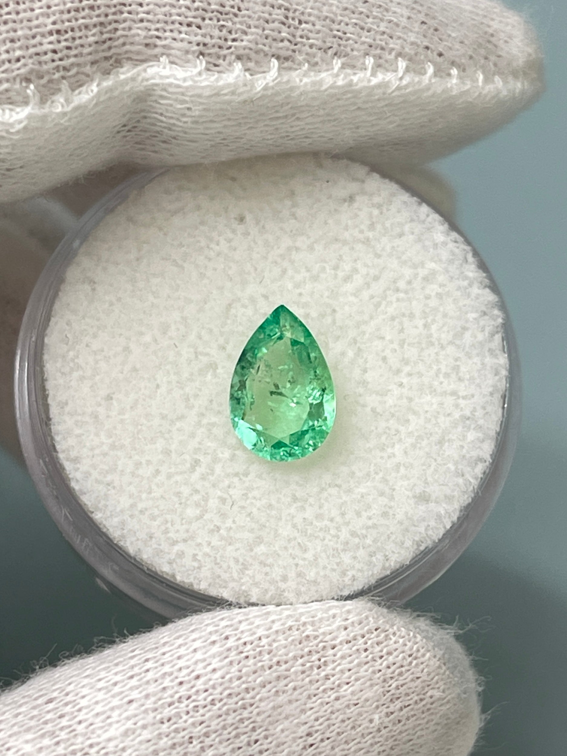 1.07 carat 9x6 Light Yellowish Green Natural Loose Colombian Emerald-Pear Cut