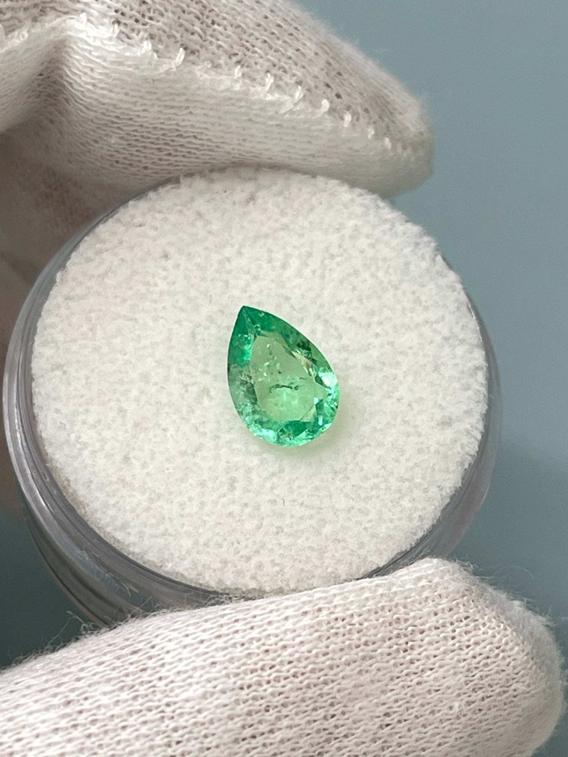 1.07 carat 9x6 Light Yellowish Green Natural Loose Colombian Emerald-Pear Cut