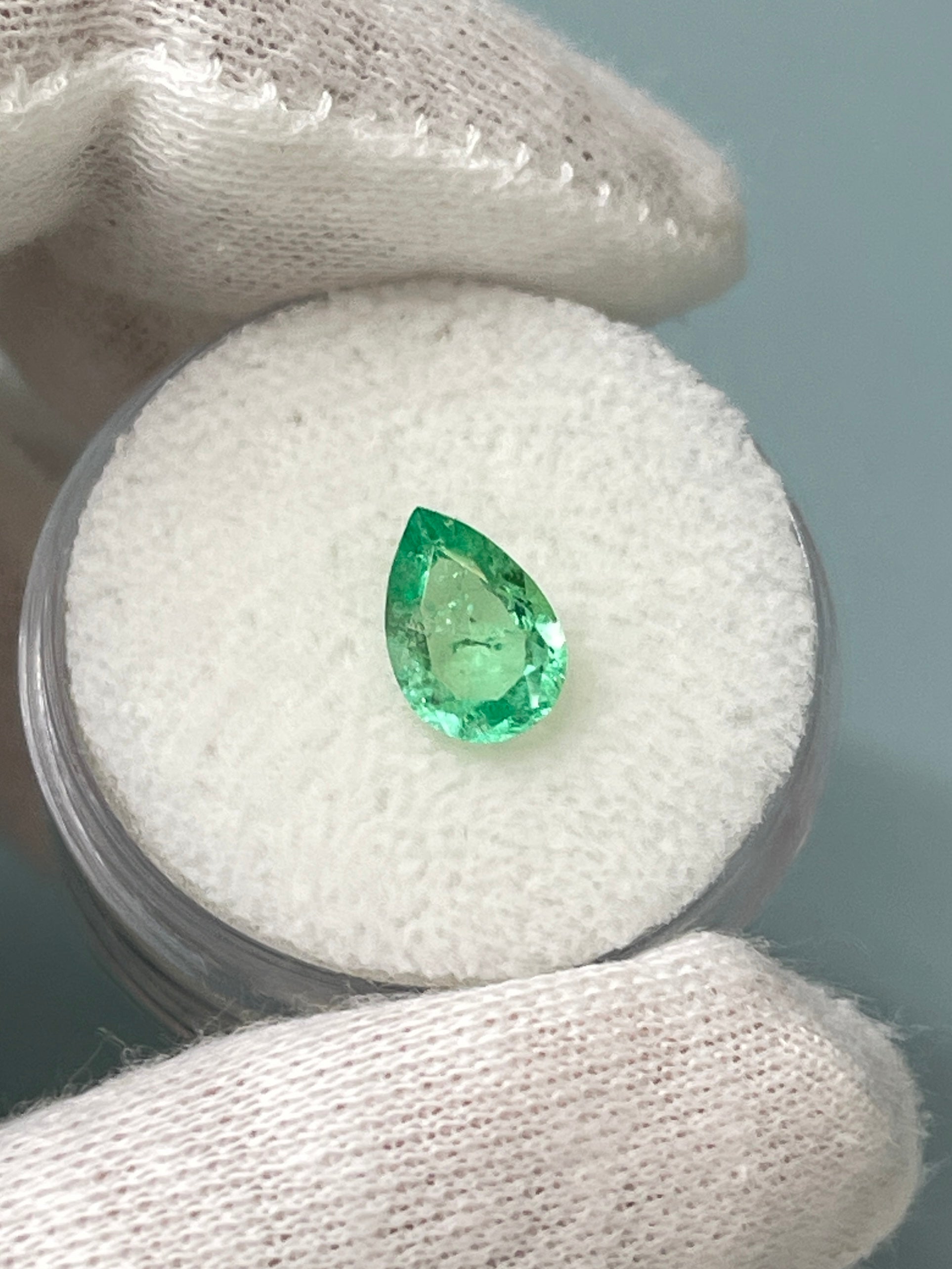 1.07 carat 9x6 Light Yellowish Green Natural Loose Colombian Emerald-Pear Cut