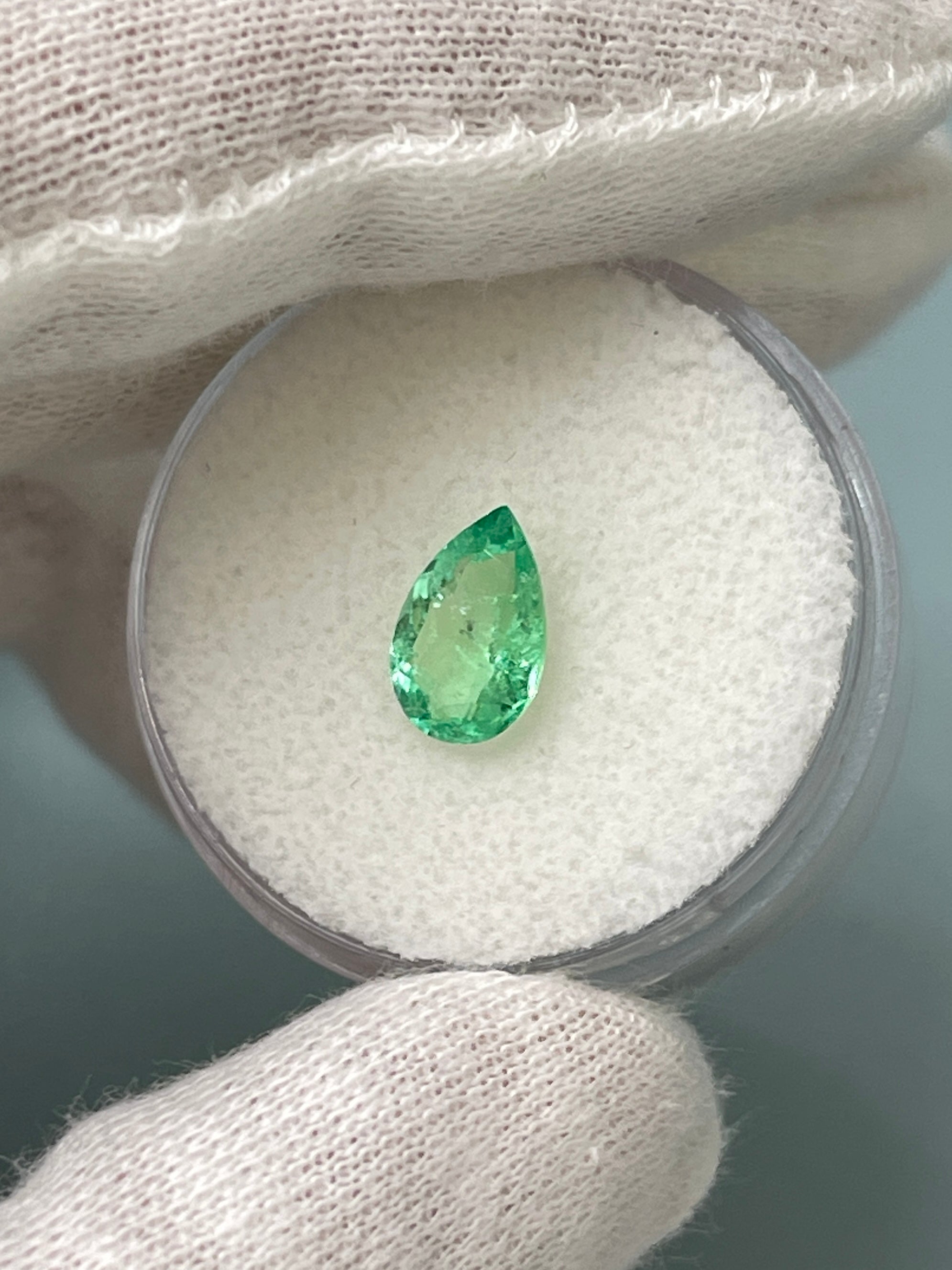 1.07 carat 9x6 Light Yellowish Green Natural Loose Colombian Emerald-Pear Cut