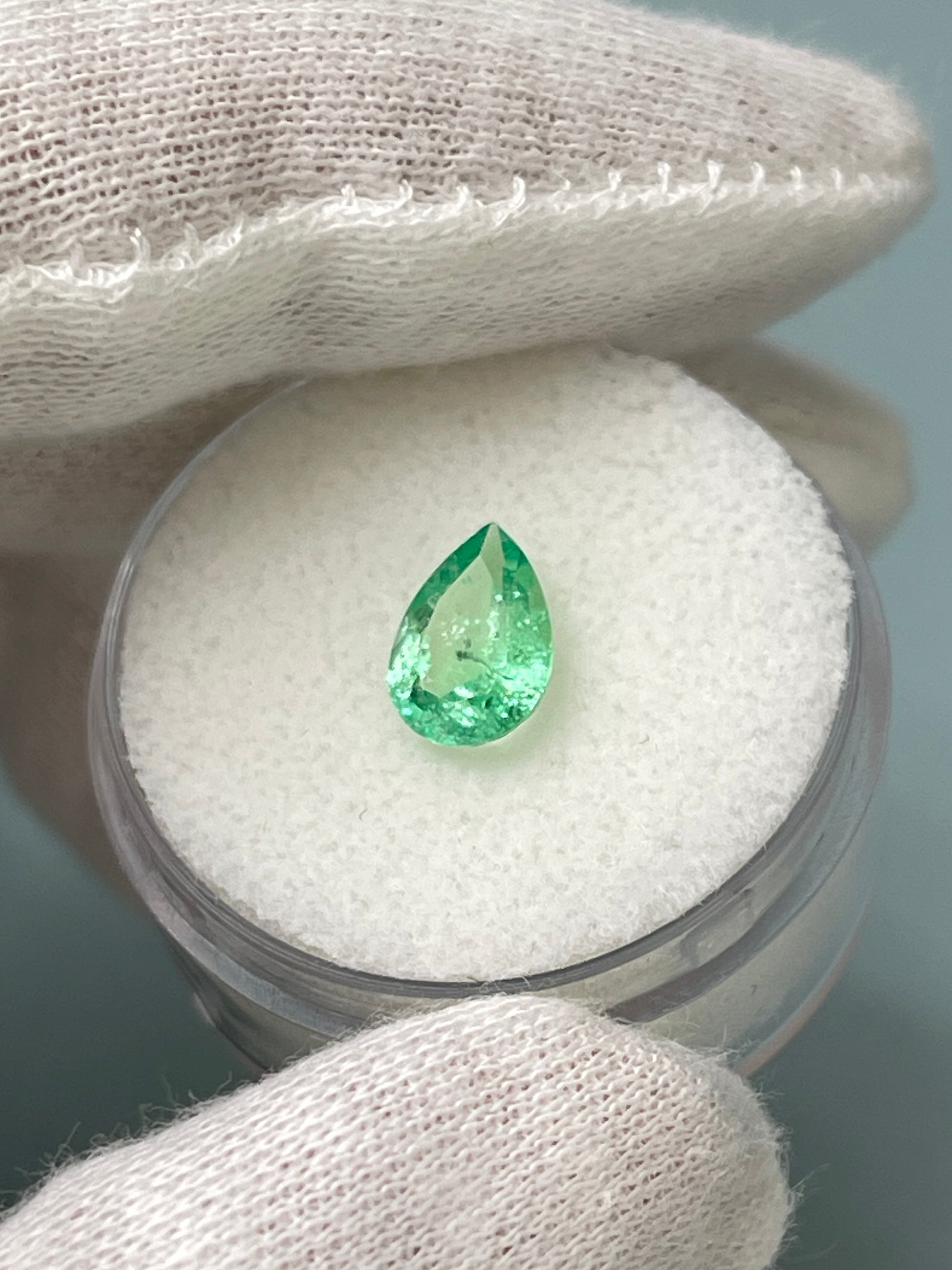 1.07 carat 9x6 Light Yellowish Green Natural Loose Colombian Emerald-Pear Cut