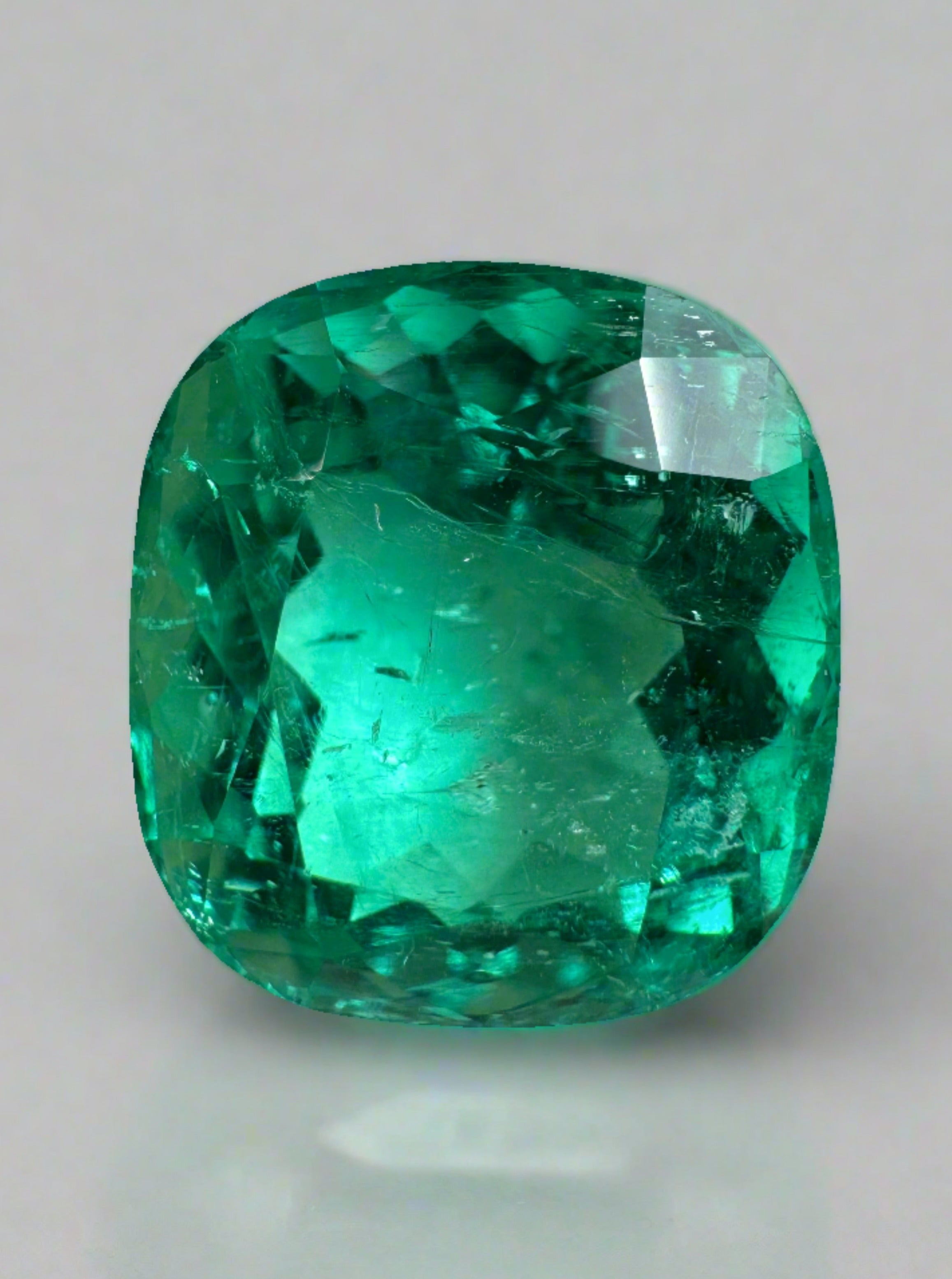 8.46 Carat GIA Certified 13x12 Lustrous Bluish Green Natural Loose Cushion Cut Colombian Emerald - JR Colombian Emeralds