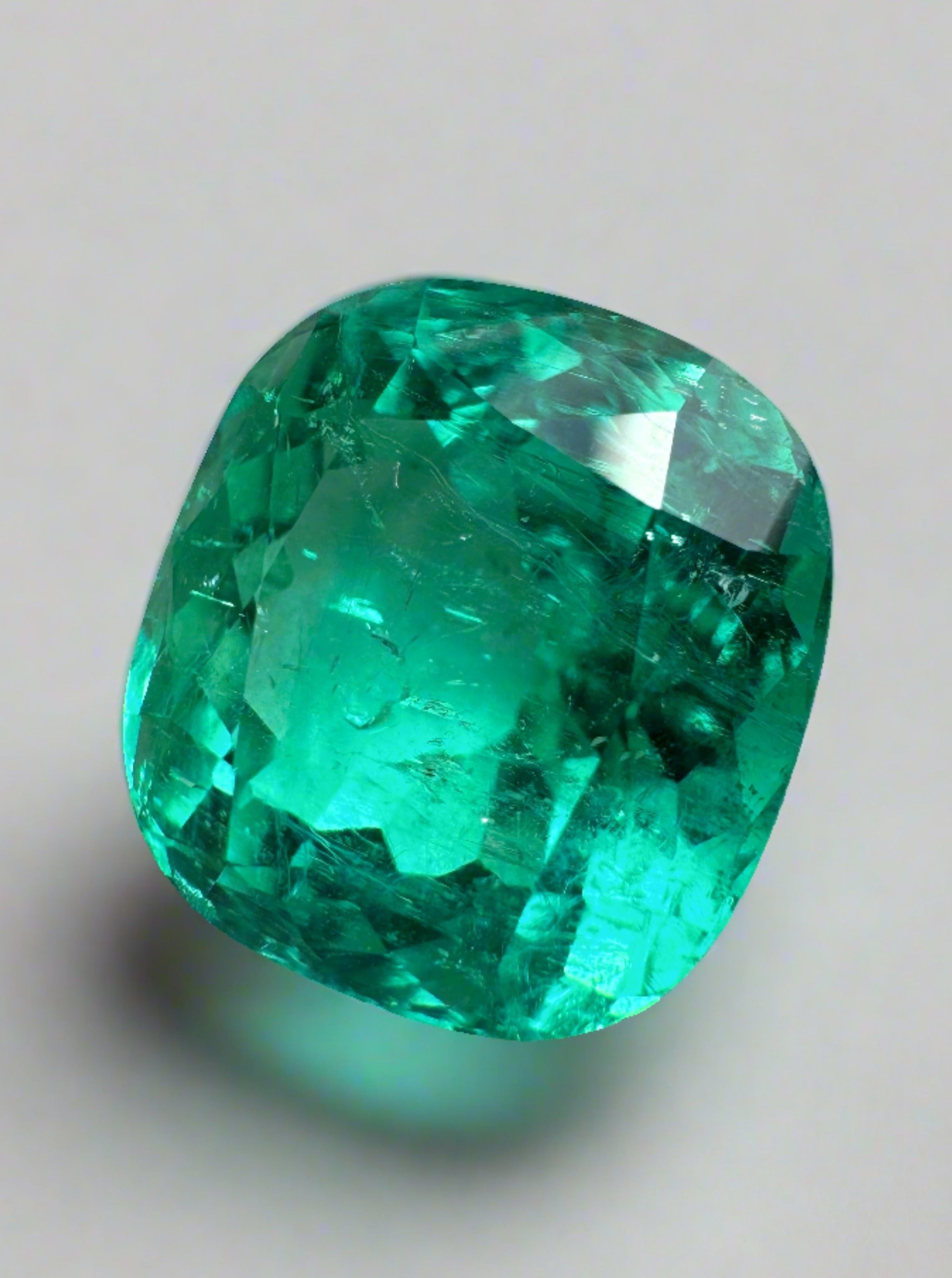 8.46 Carat GIA Certified 13x12 Lustrous Bluish Green Natural Loose Cushion Cut Colombian Emerald - JR Colombian Emeralds