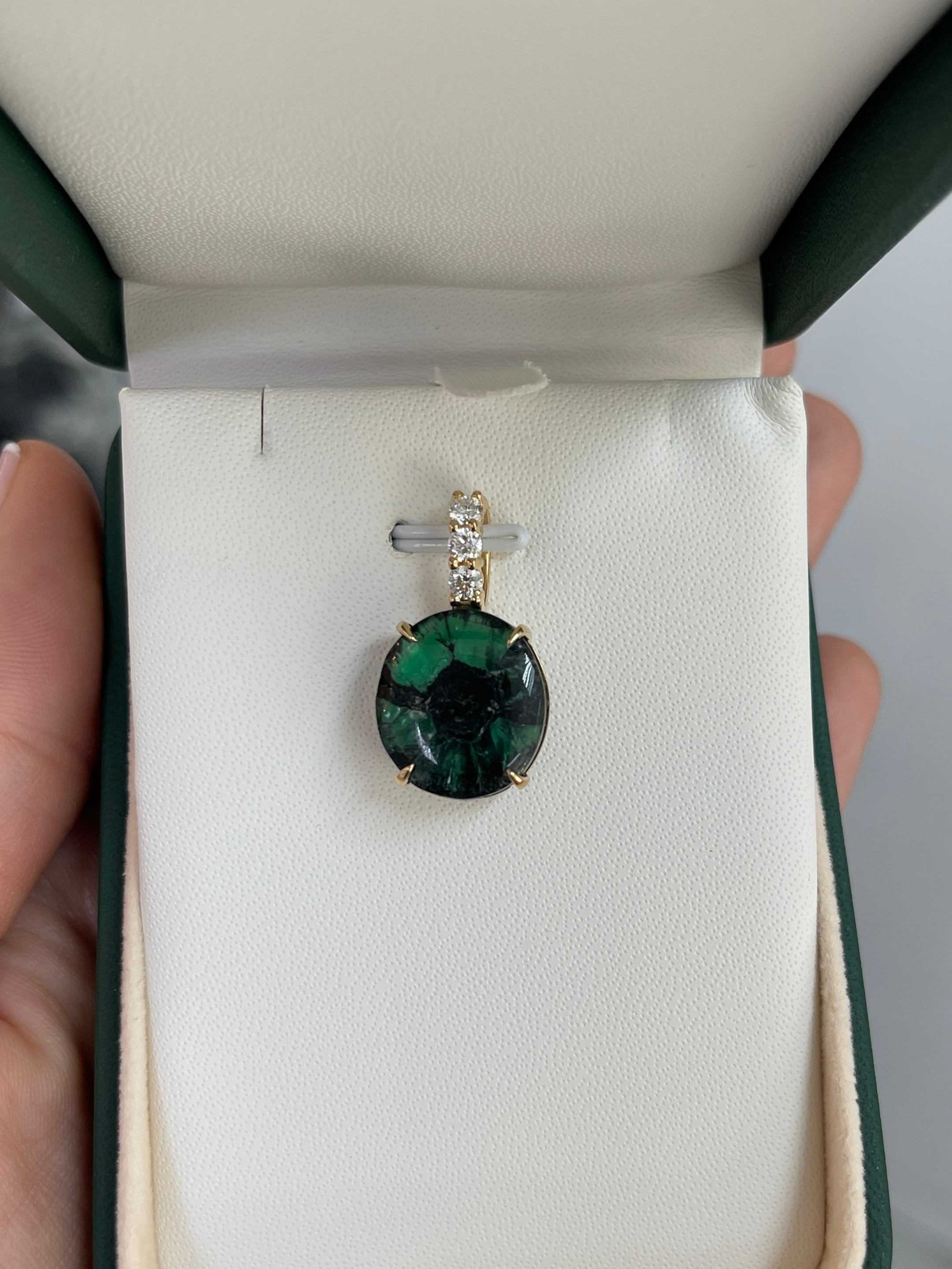 12.32tcw Oval Trapiche Colombian Emerald & Diamond Accented Pendant 18K