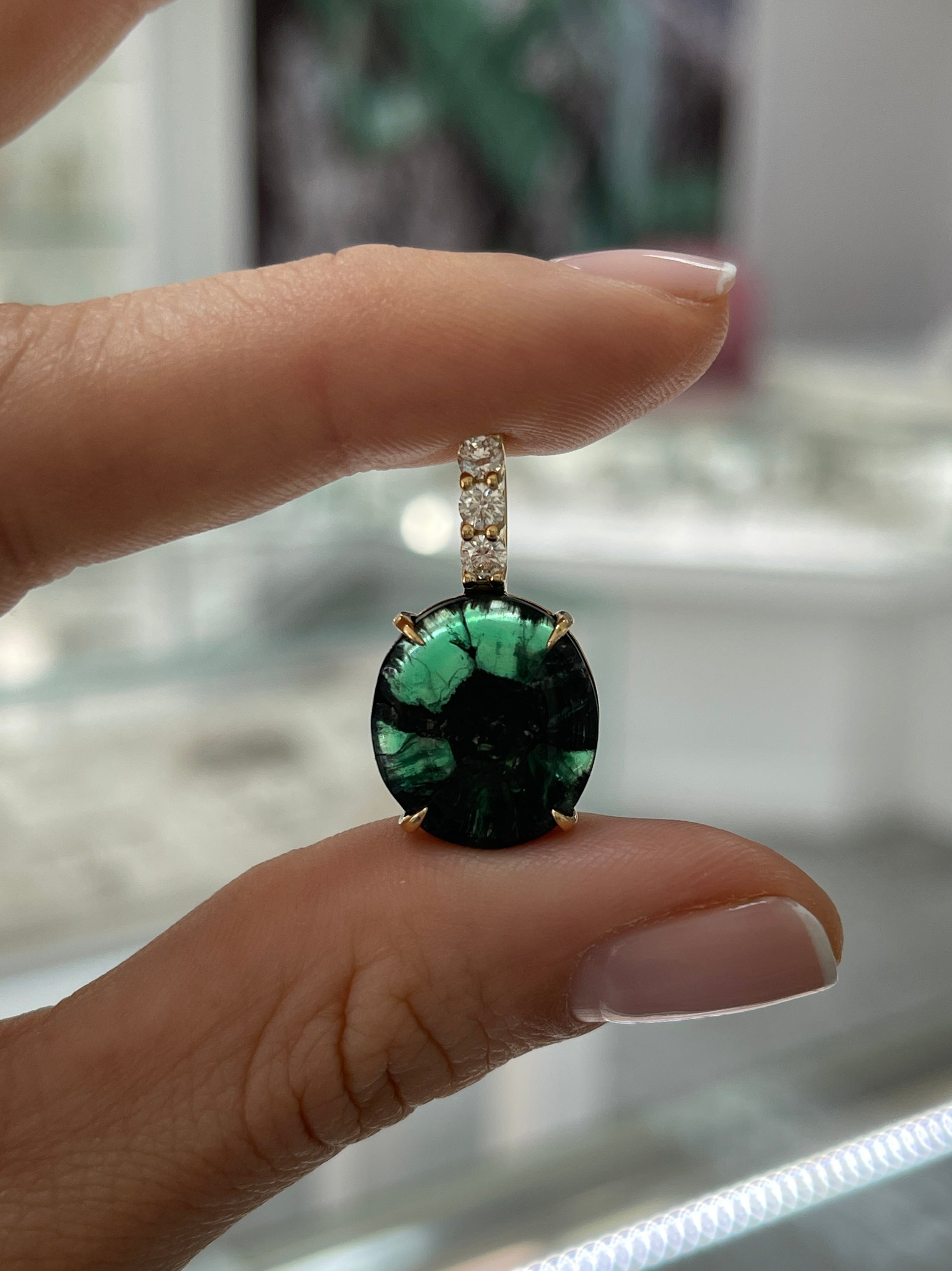 12.32tcw Oval Trapiche Colombian Emerald & Diamond Accented Pendant 18K