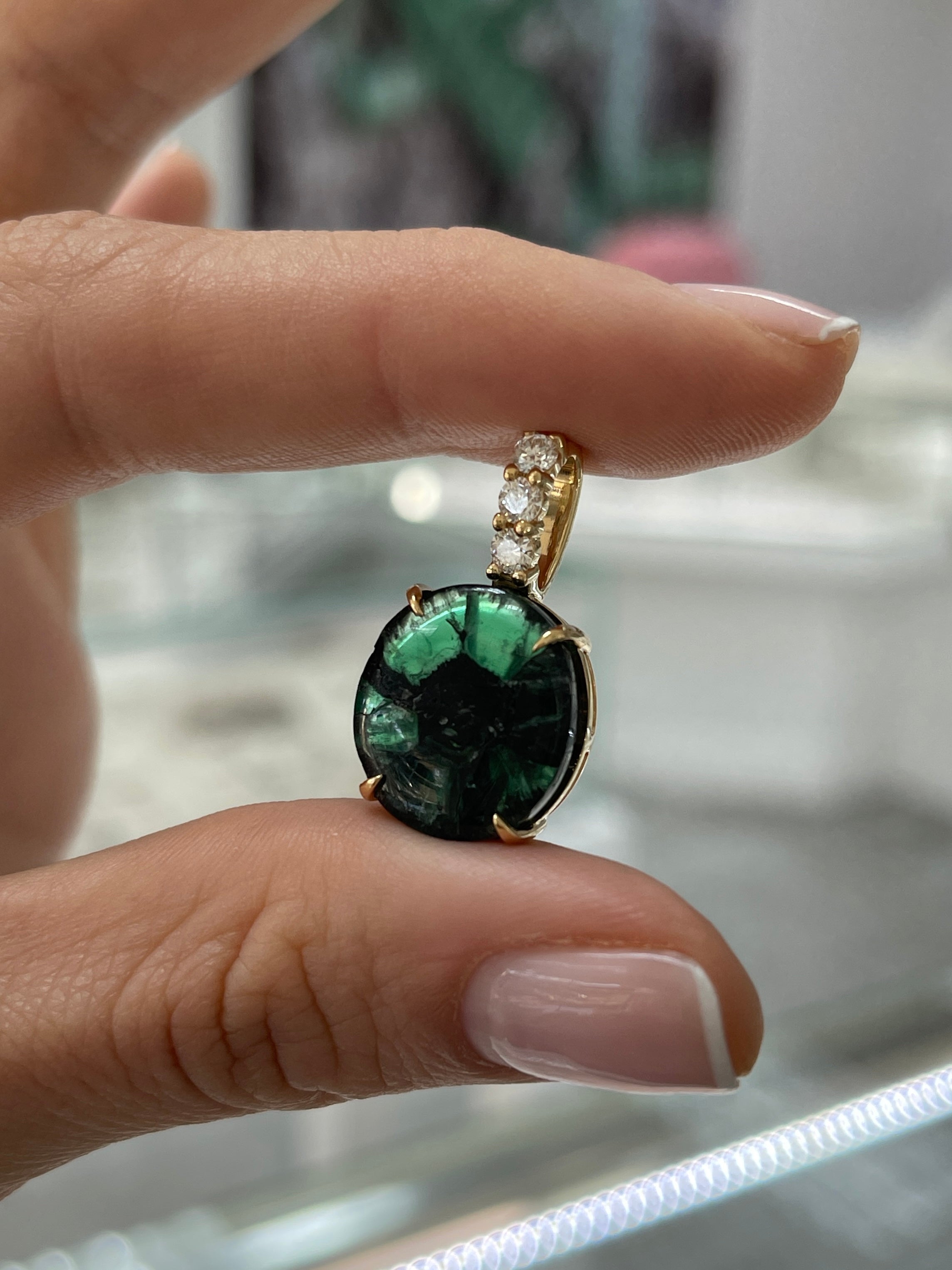 12.32tcw Oval Trapiche Colombian Emerald & Diamond Accented Pendant 18K