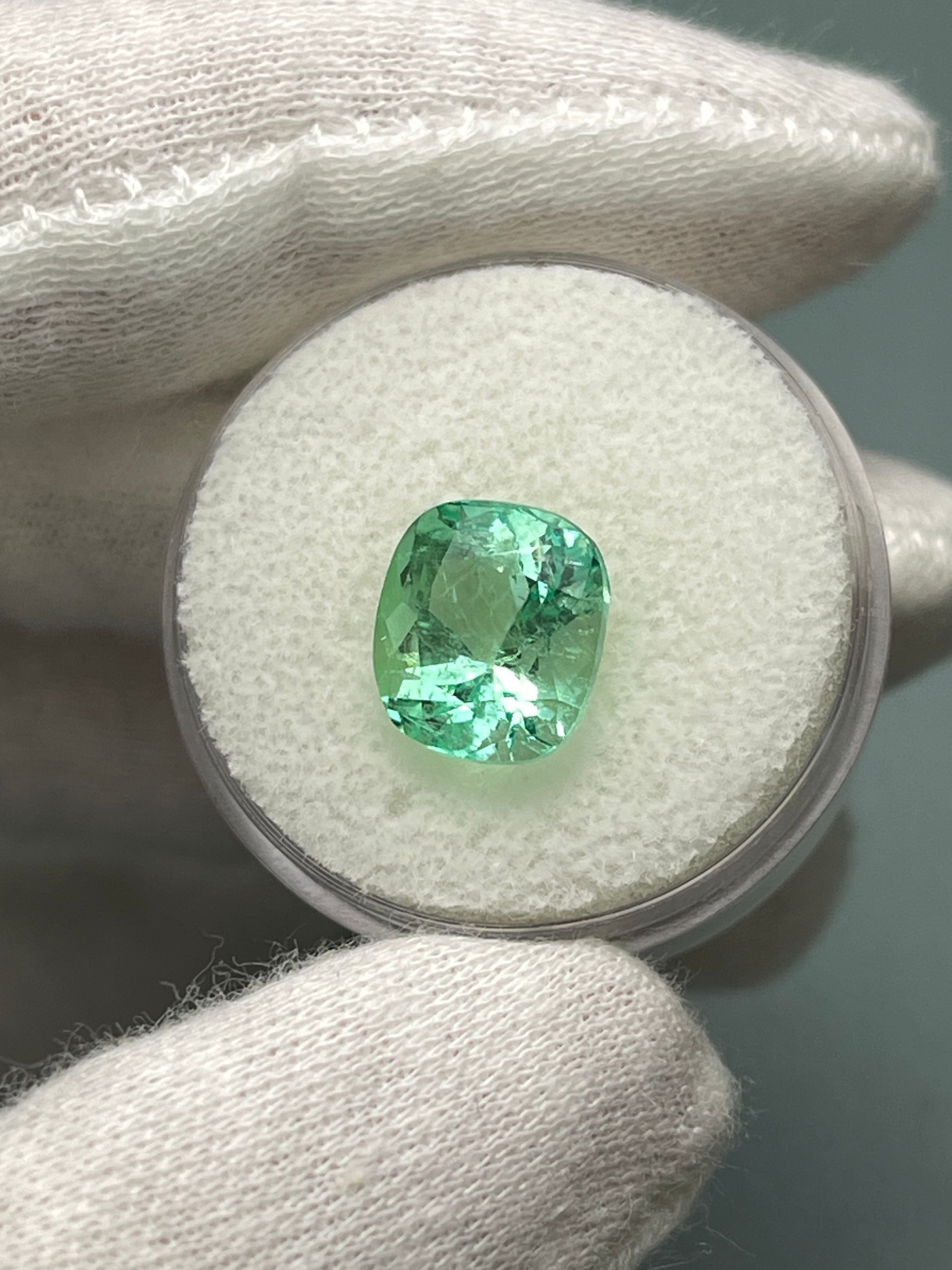 4.13 Carat 10x9 Pastel Yellowish Green Natural Loose Colombian Emerald-Cushion Cut