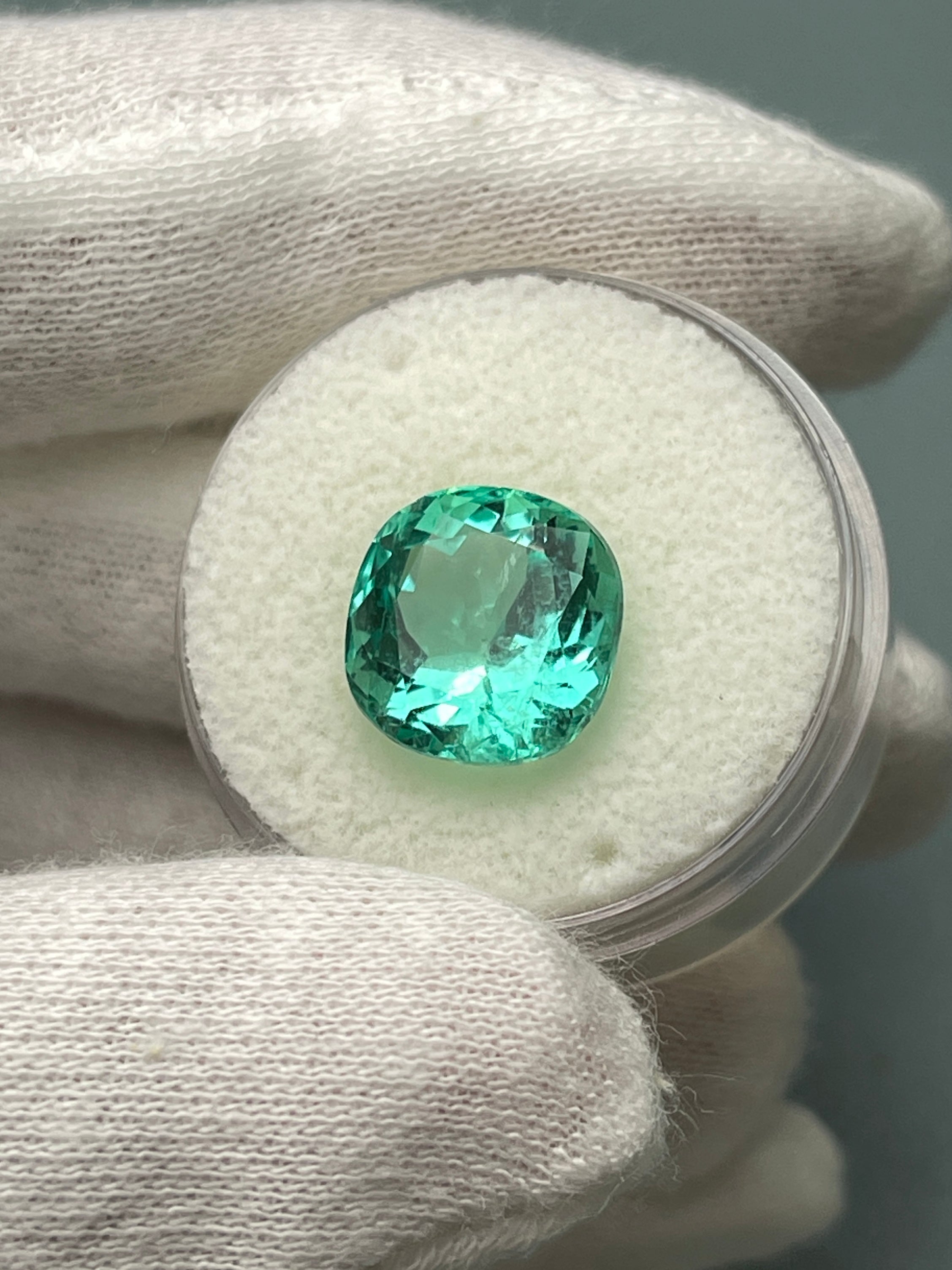 6.38 Carat 11x11 Luminous Bluish Green Natural Loose Colombian Emerald-Cushion Cut