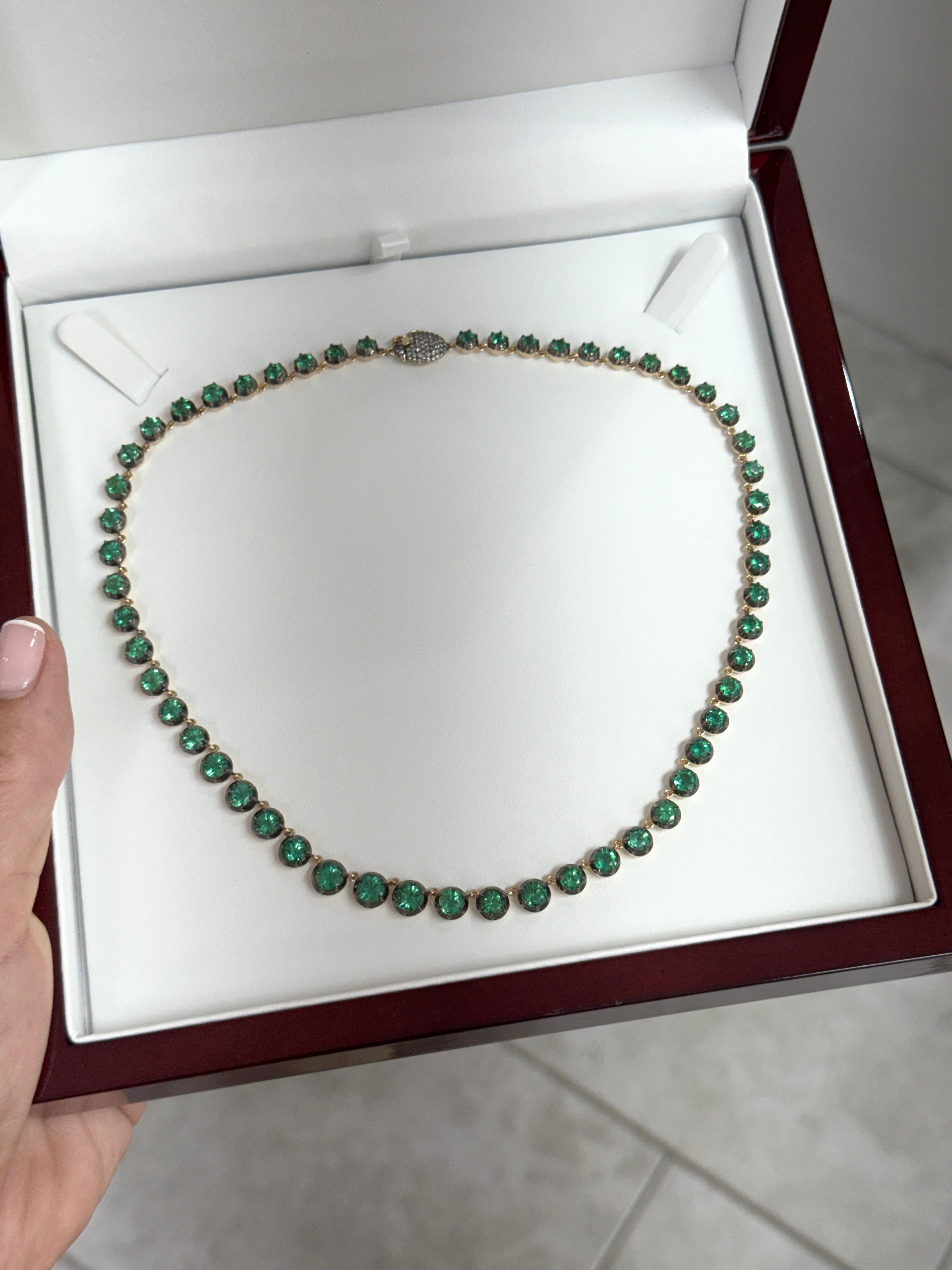 20.05tcw Georgian Natural Emerald Tennis Necklace 18" 14K Gold