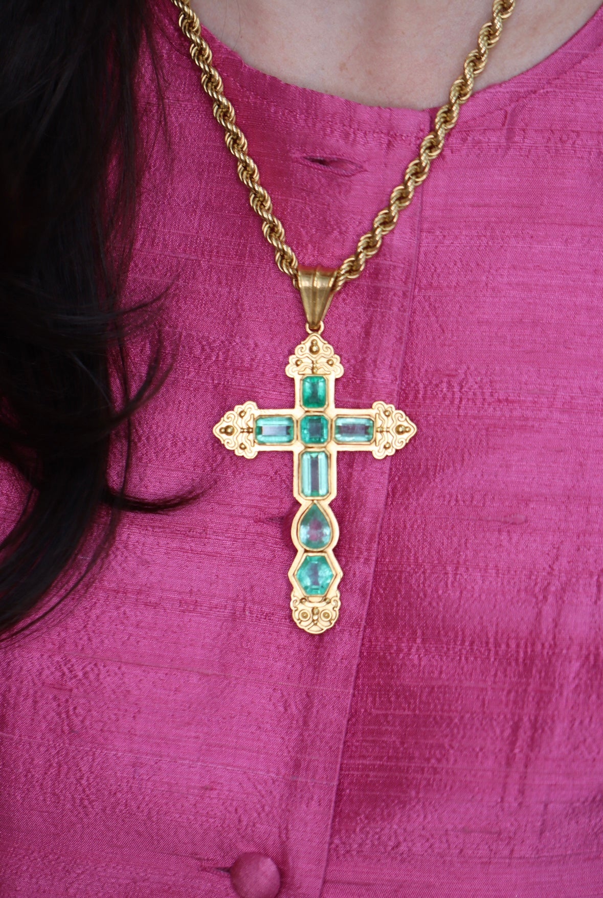 AS SEEN ON INSTAGRAM: 24.55TCW Massive Natural Colombian Emerald Pre Columbian Cross Sterling Silver with Gold Plate