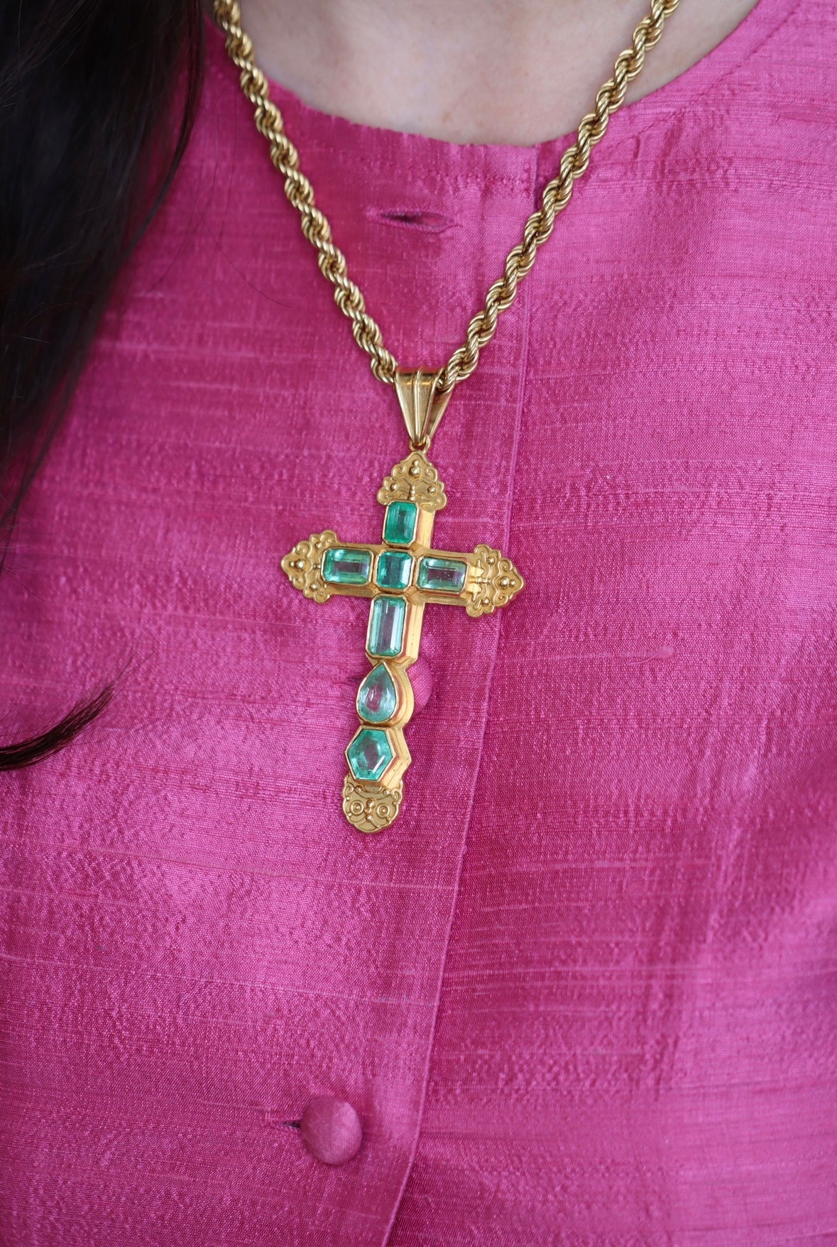 AS SEEN ON INSTAGRAM: 24.55TCW Massive Natural Colombian Emerald Pre Columbian Cross Sterling Silver with Gold Plate