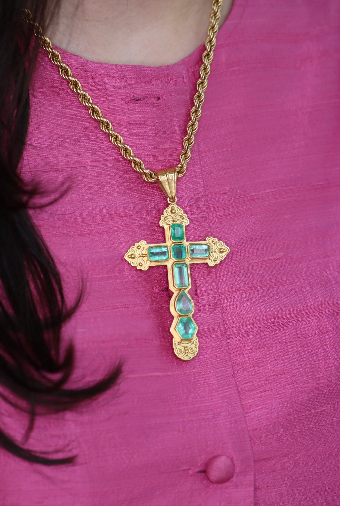 AS SEEN ON INSTAGRAM: 24.55TCW Massive Natural Colombian Emerald Pre Columbian Cross Sterling Silver with Gold Plate