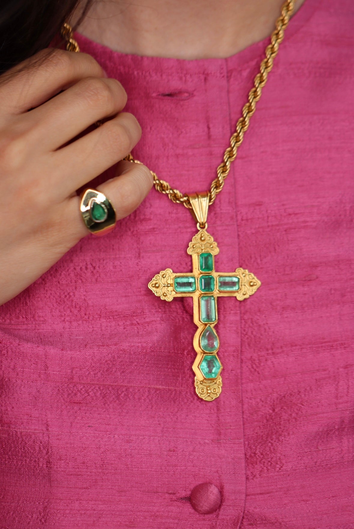 AS SEEN ON INSTAGRAM: 24.55TCW Massive Natural Colombian Emerald Pre Columbian Cross Sterling Silver with Gold Plate