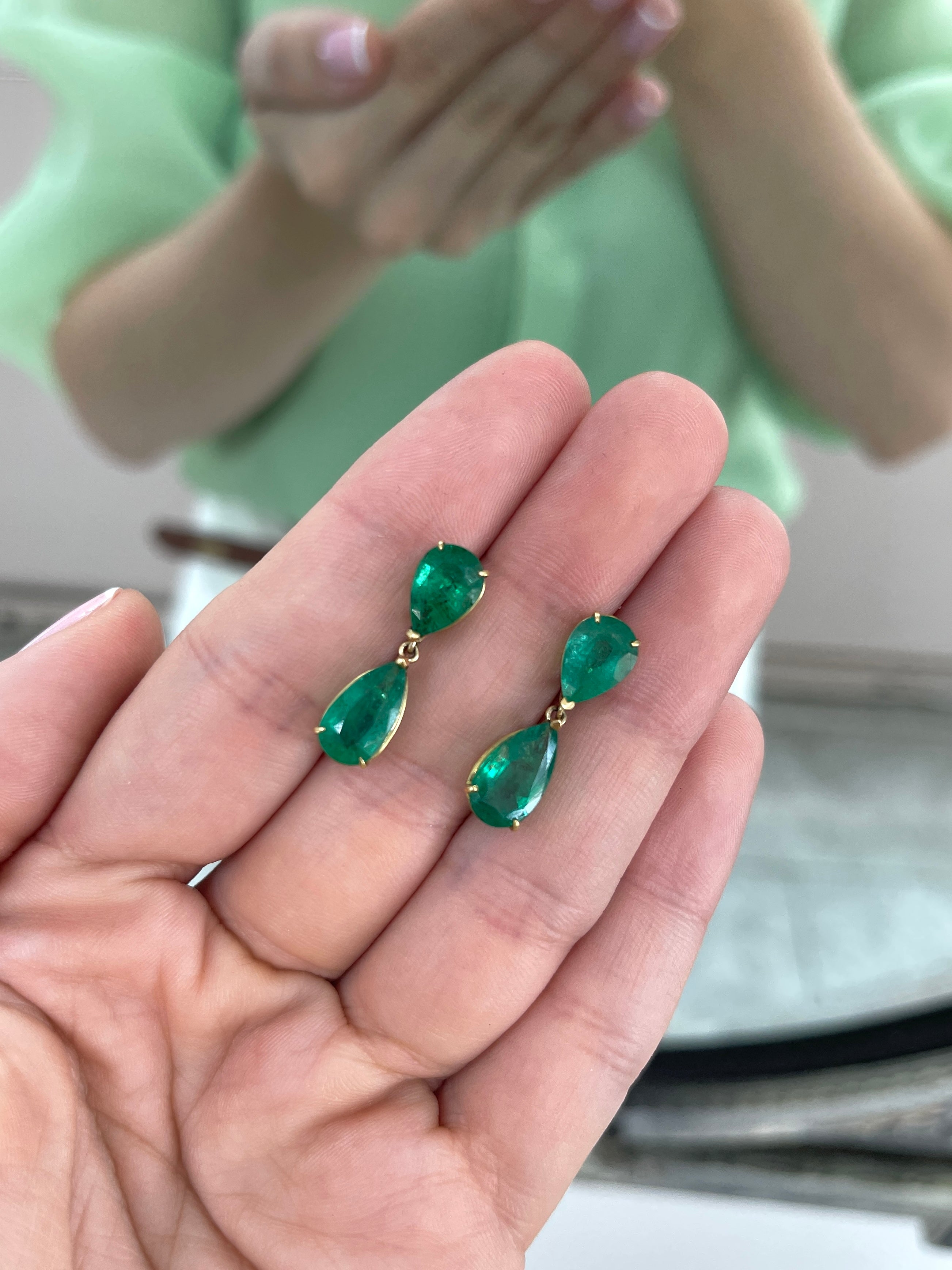 7.20tcw Pear Cut Emerald Dangle Stud Earrings Natural Emeralds 18K - JR Colombian Emeralds